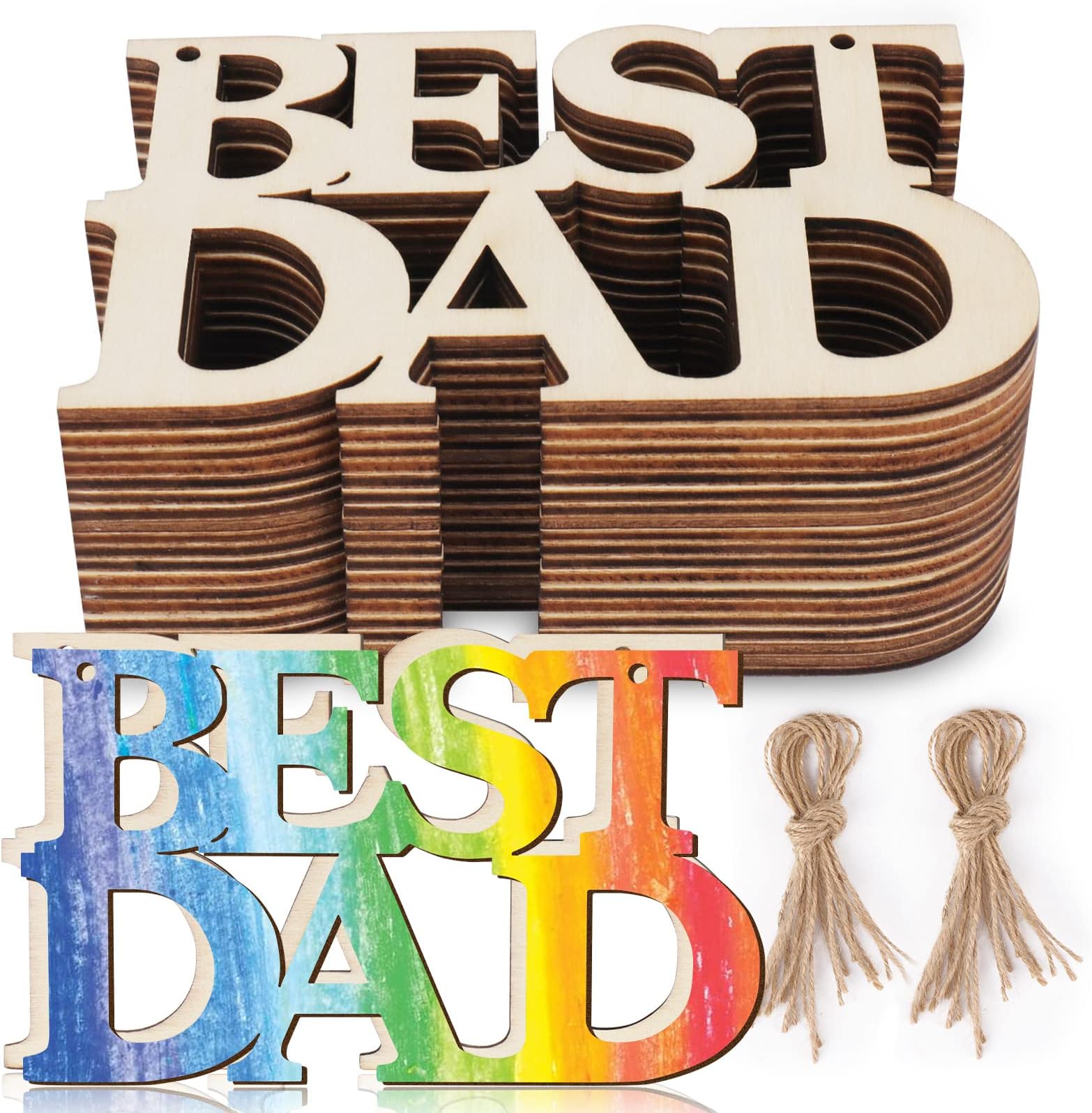 AIERSA 20Pcs Best DAD Wood Crafts Wooden Slices Embellishments Unfinished Wood Ornaments for Happy Father's Day Daddy's Birthday Party Decorations