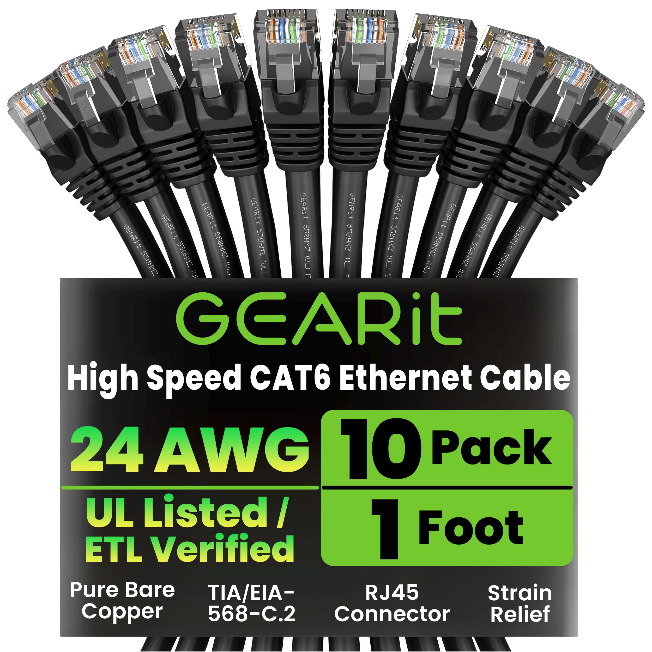GEARit Cat 6 Ethernet Cable - High-Speed LAN Cord for Gaming and Personal Computers - Cat6 Patch Cable with RJ45 Connectors, 1 ft, Black (10-Pack)