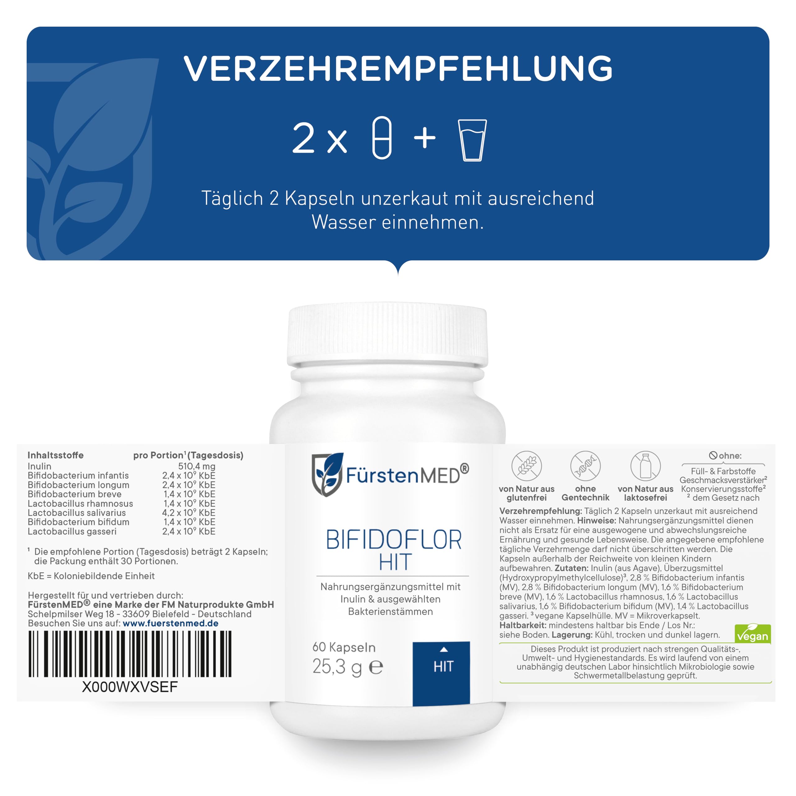 FürstenMED® Bifidoflor HIT - Lactobacillus und Bifidobacterium Kapseln - 60 magensaftresistente Kapseln mit Inulin als Nährboden - Laborgeprüft, Vegan und Ohne Zusatzstoffe