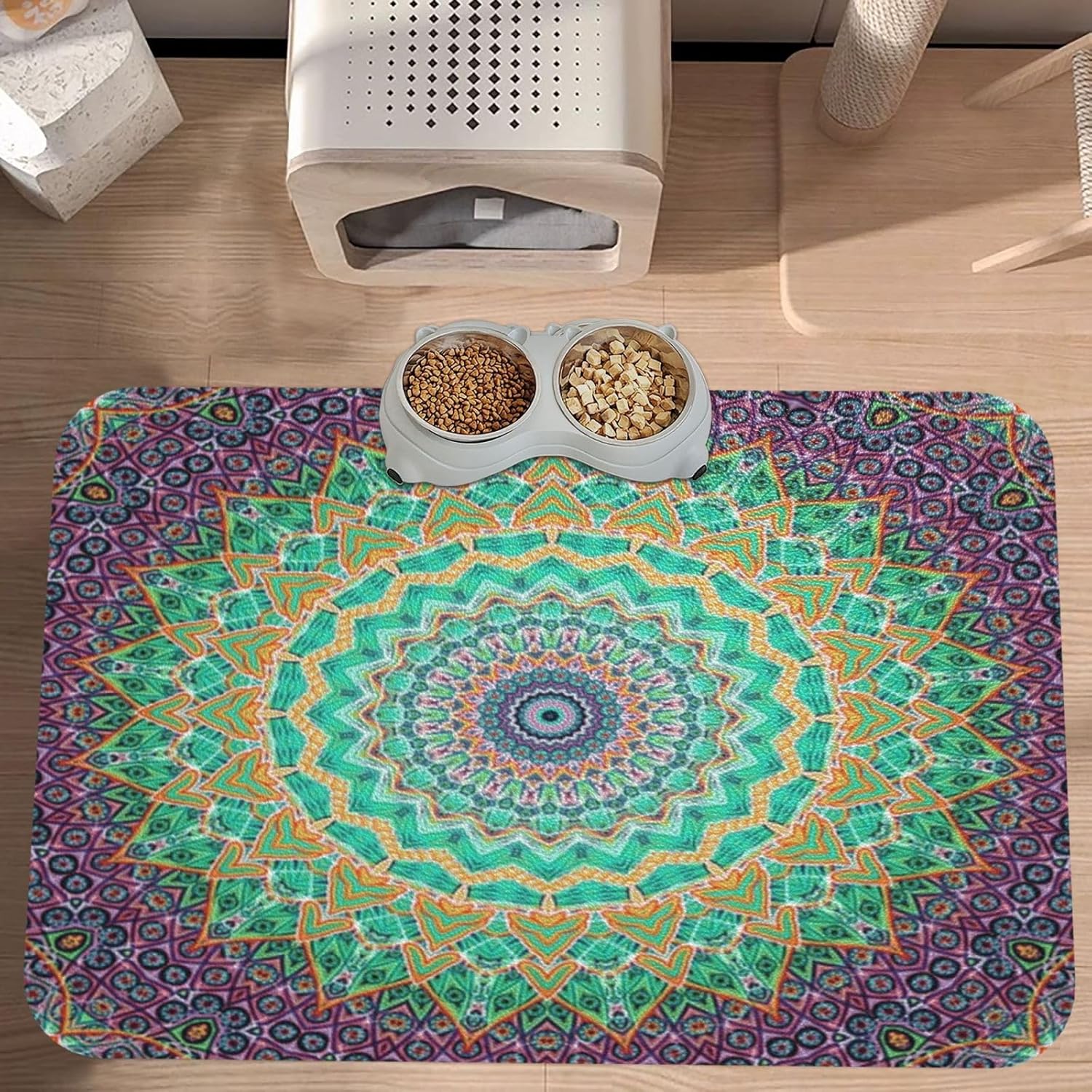 Mandala Flowers Pet Feeding Mat-Absorbent Quick Dry Pet Cat Dog Food Mat Non Slip Waterproof Rubber Dish Placemat