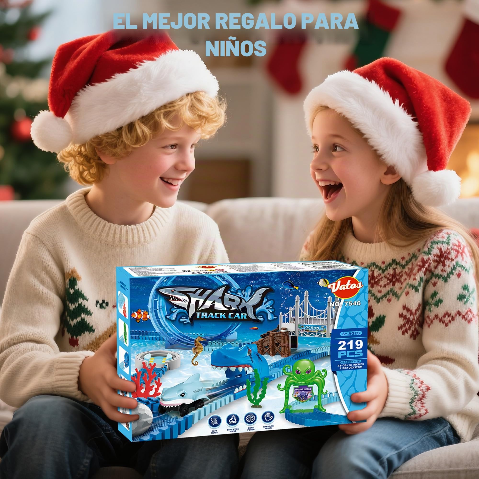 VATOS Shark Track Toys - Juego de pistas de carreras flexibles de 219 piezas con bucles de 360°, auto eléctrico de tiburón y rotación automática, crea una carrera de carretera temática de tiburón