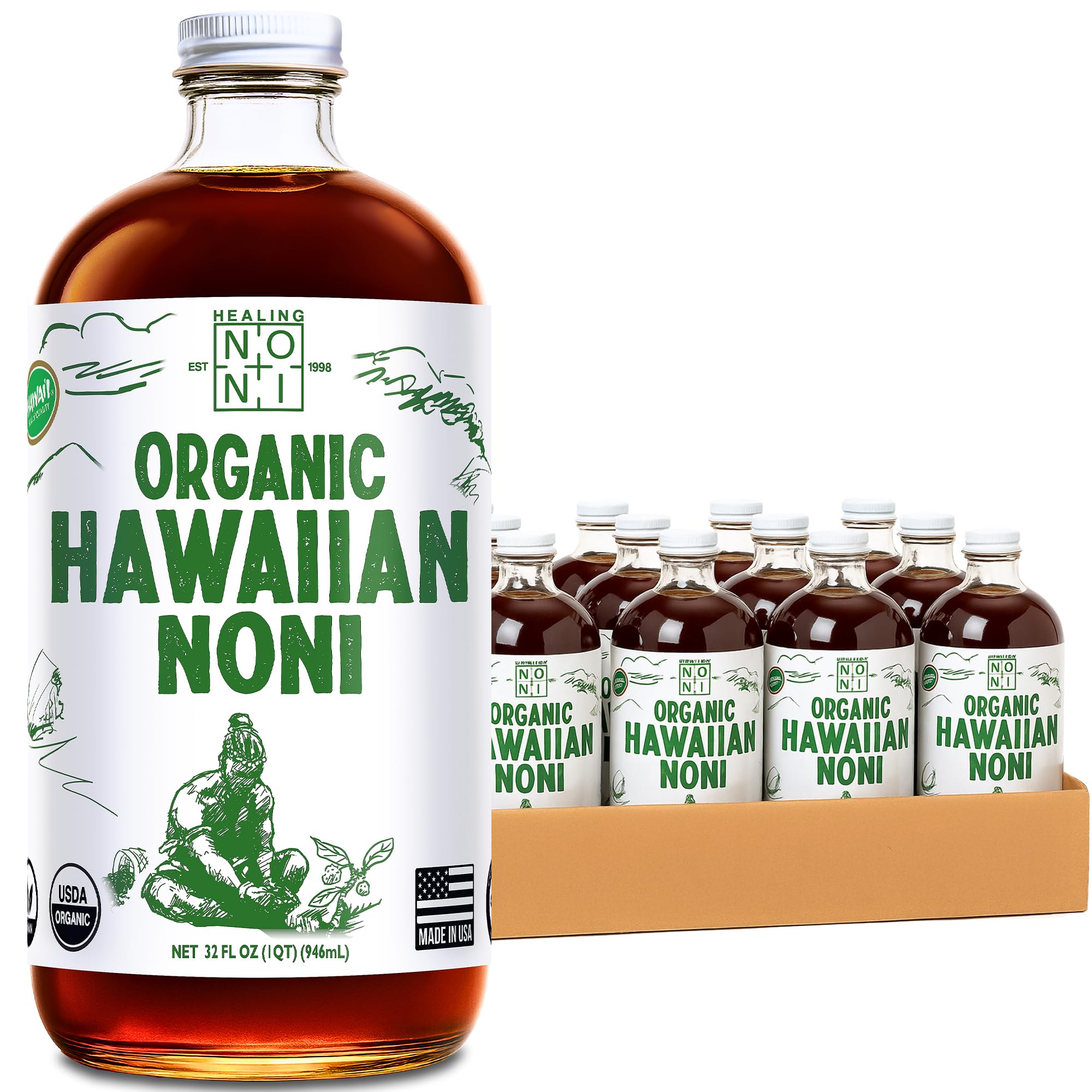 Healing Noni - 100% Pure Noni Juice - USDA Organic, Full Strength, Wellness Drink, Hawaiian-Grown Superfood - (32oz, 12 Pack)