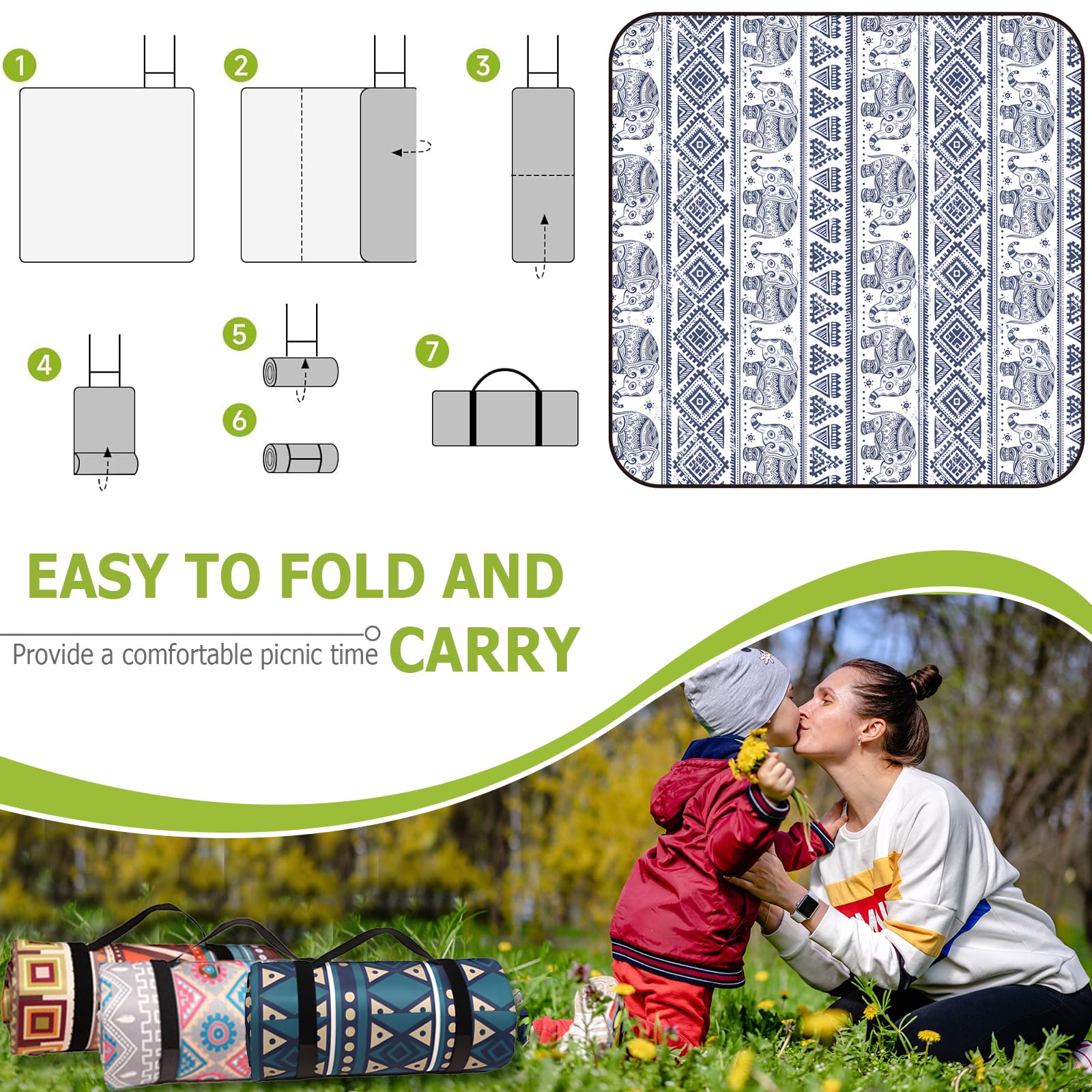 300 x 300 cm Picknickdecke, unten wasserdicht, Strand-Picknickmatte, extra groß, Bohemian, faltbar, maschinenwaschbar, für Outdoor, Picknick, Garten, Strand, Camping