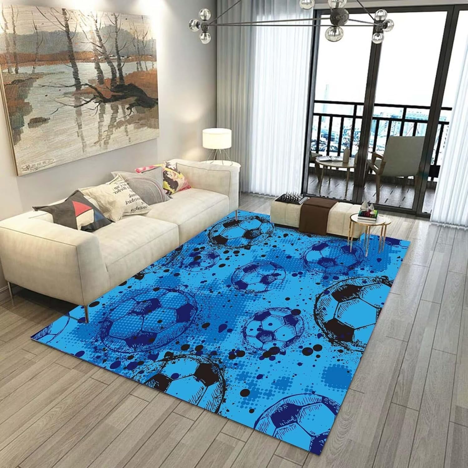 Xisnuient Boys Blue Football Rugs Bedroom Living Room Rug Large 3D Graffiti Football Pattern Rug Green Football Carpet Kids Teens Gaming Mat Washable Nursery Rug Runner Doormat (,160X200cm)