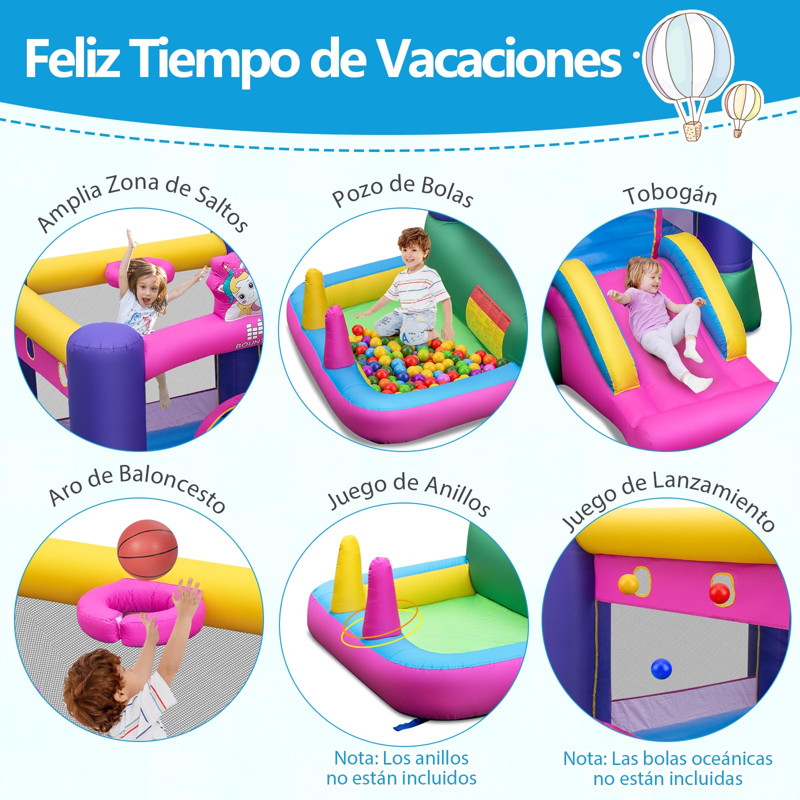 COSTWAY 6 en 1 Castillo Hinchable para Niños, Castillo Hinchable Grande con Tobogán, Piscina de Pelotas, Área de Salto, 287 x 296 x 183 cm, Insuflavel Criança para Interior y Exterior (sin Soplador)
