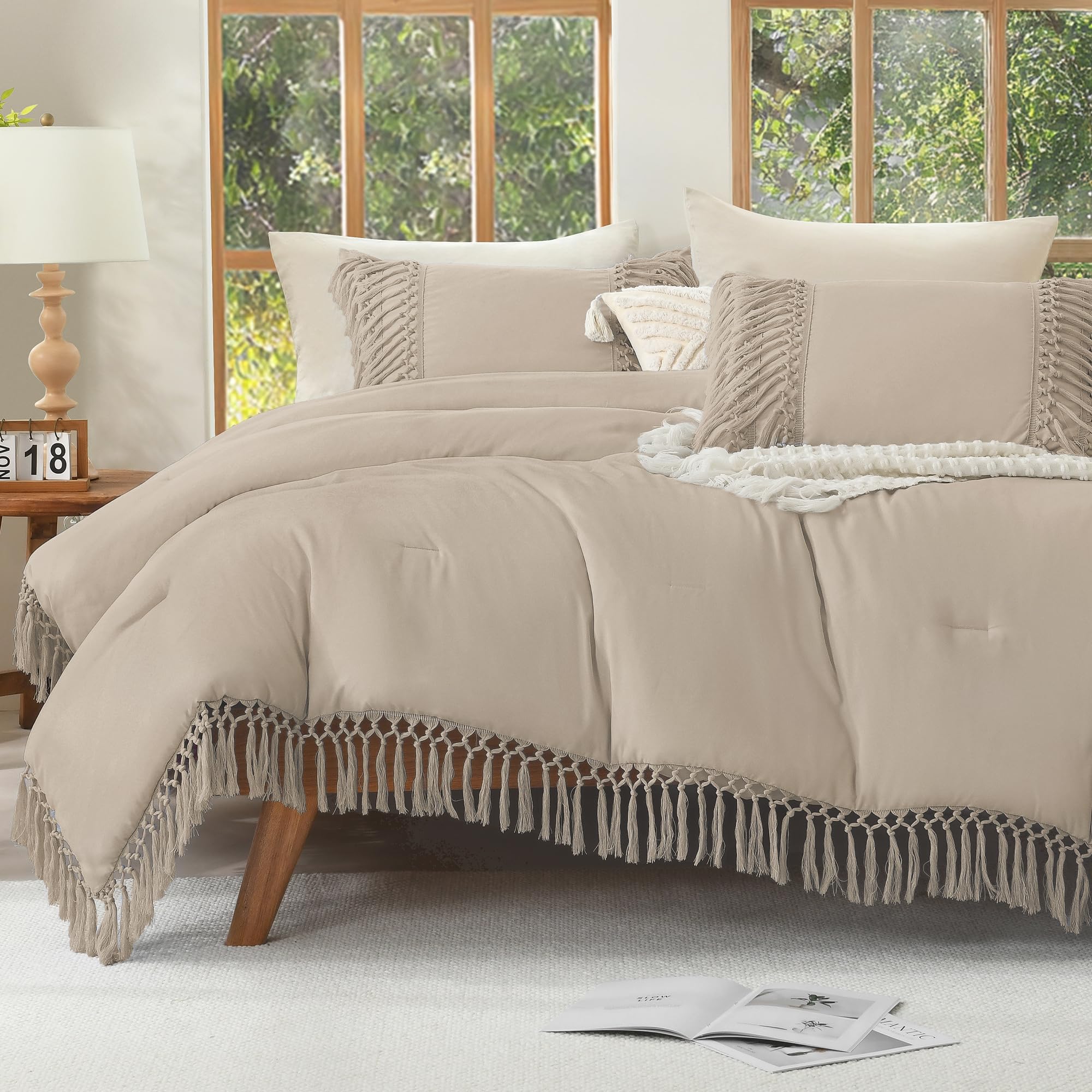 Andency Khaki Comforter Set Full, 3 Pieces Boho Tassel Bedding