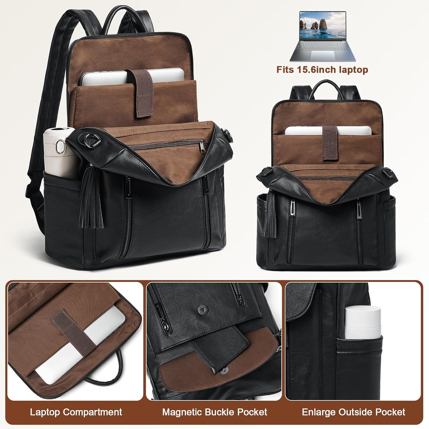 Shrrie Laptop Backpack for Women 15.6 inch,Travel Leather Backpack Purse Nurse Teacher Carry on Backpack Computer Bag,Professional Water-Resistant College Business Work Casual Daypack,Two-tone Black - Image 6