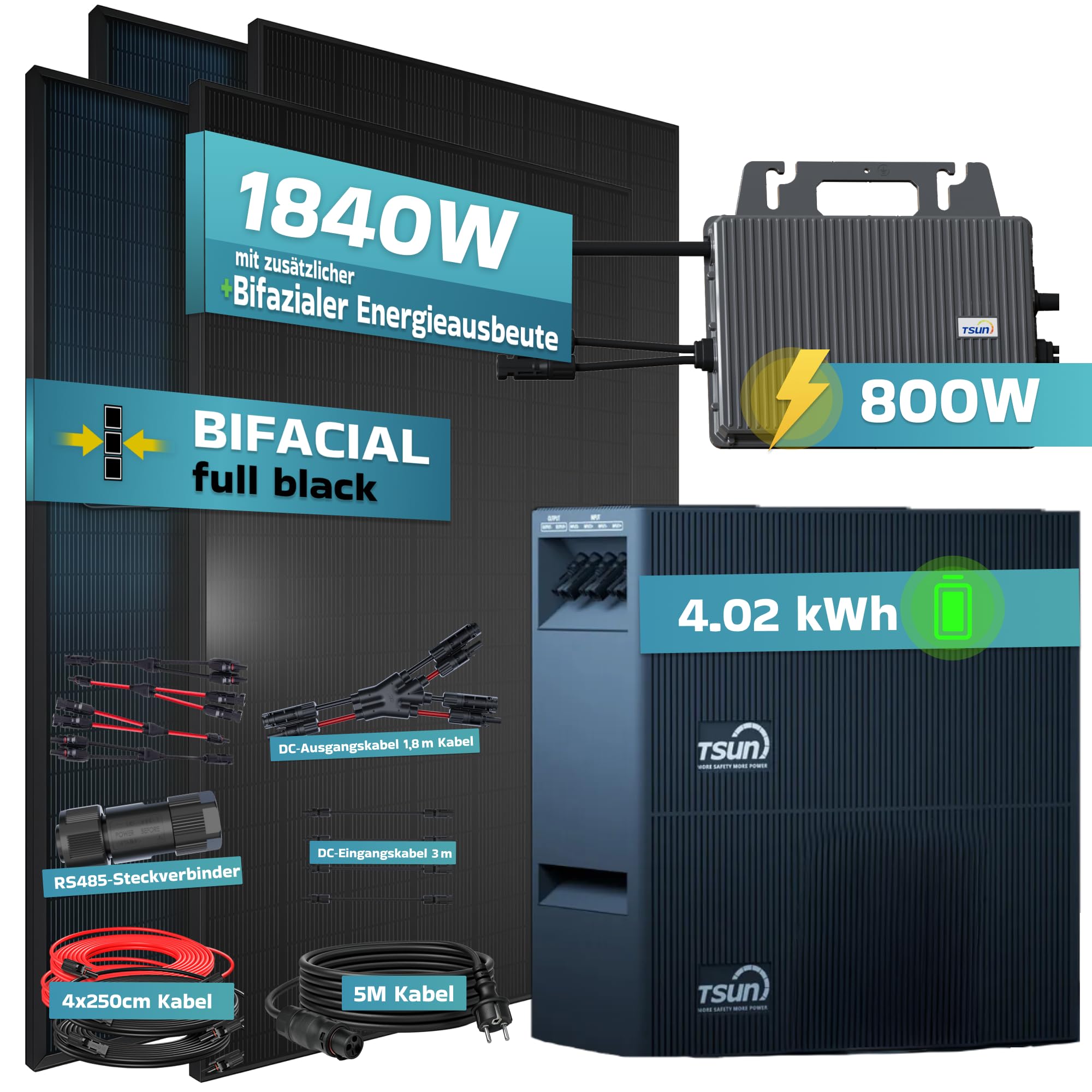 SUNNIVA® 1840W Balkonkraftwerk mit 4,02 kWh Speicher TSUN SOLARCAN TSOL-DCU2000Lite, BIFAZIAL FULLBLACK komplett Steckdose, PV Solaranlage Komplettset mit Solarspeicher, 4x 500W Glas-Glas Bifacial
