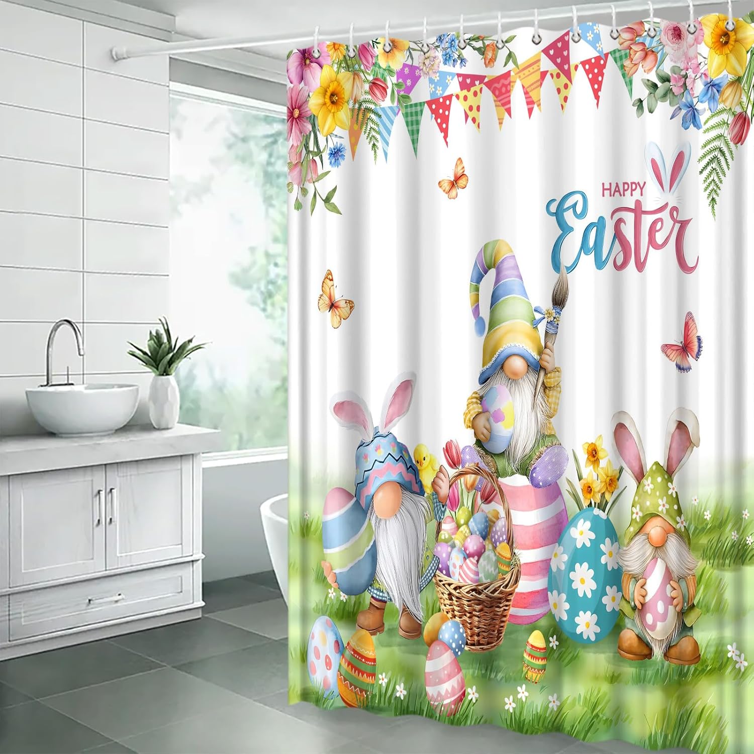 Easter Gnomes Shower Curtain Spring Bunny Eggs Floral Butterfly Farmhouse Garden Happy Easter 70" Wx84 H Fabric Bathroom Decor Curtain with Hooks