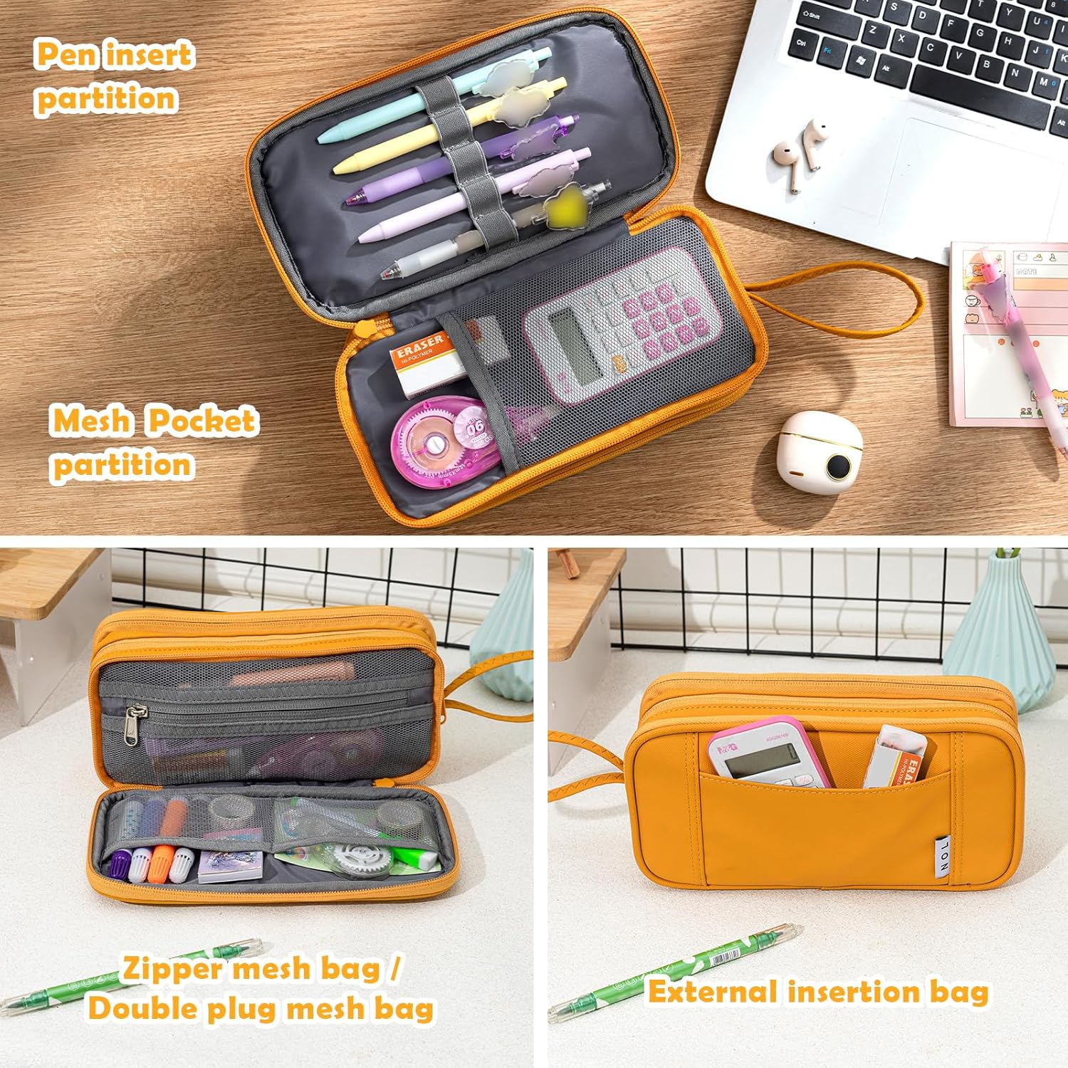 NOL Large Capacity Pencil Case Zipper Pencil Purse 3 Compartment Pencil Pouch Office Stationery Organizer Multi-functional Pencil Bag for School Girl Boy Adults - Earth-yellow - Image 5