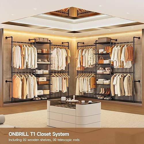 Miniatura 3 de T1 - Sistema de armario montado en la pared, perchero industrial de tubería con 6 estantes de madera y 4 varillas telescópicas, organizadores de