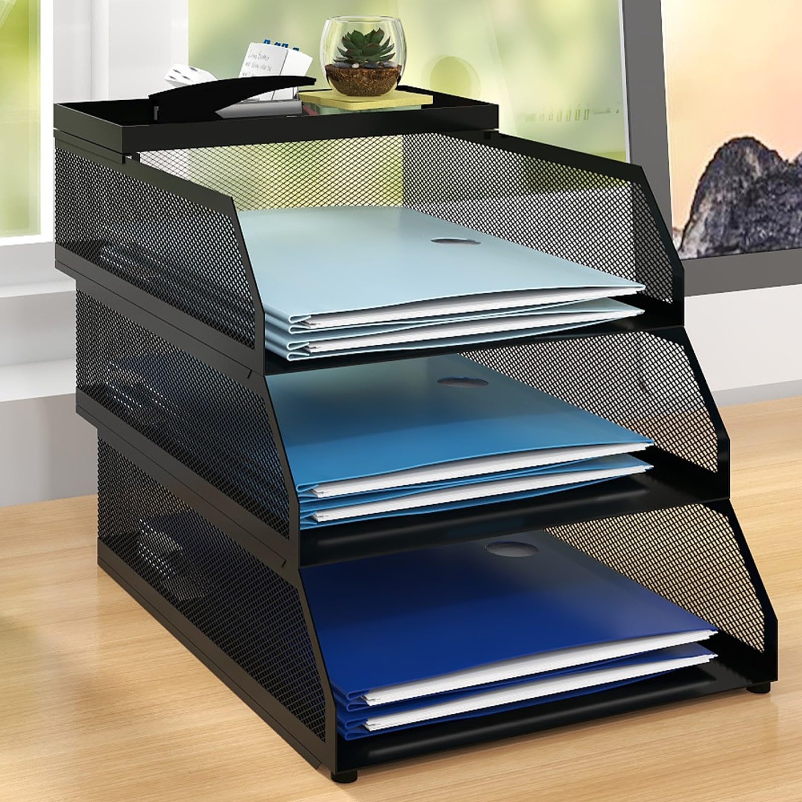 PUNCIA 3 Tiers Office Filing Trays for Desk Tidy Organiser Stackable Metal Mesh Paper Storage Letter Tray A4 Magazine File Holder Desk Tidy Document Notebooks Sorter Rack Home School Classroom Black