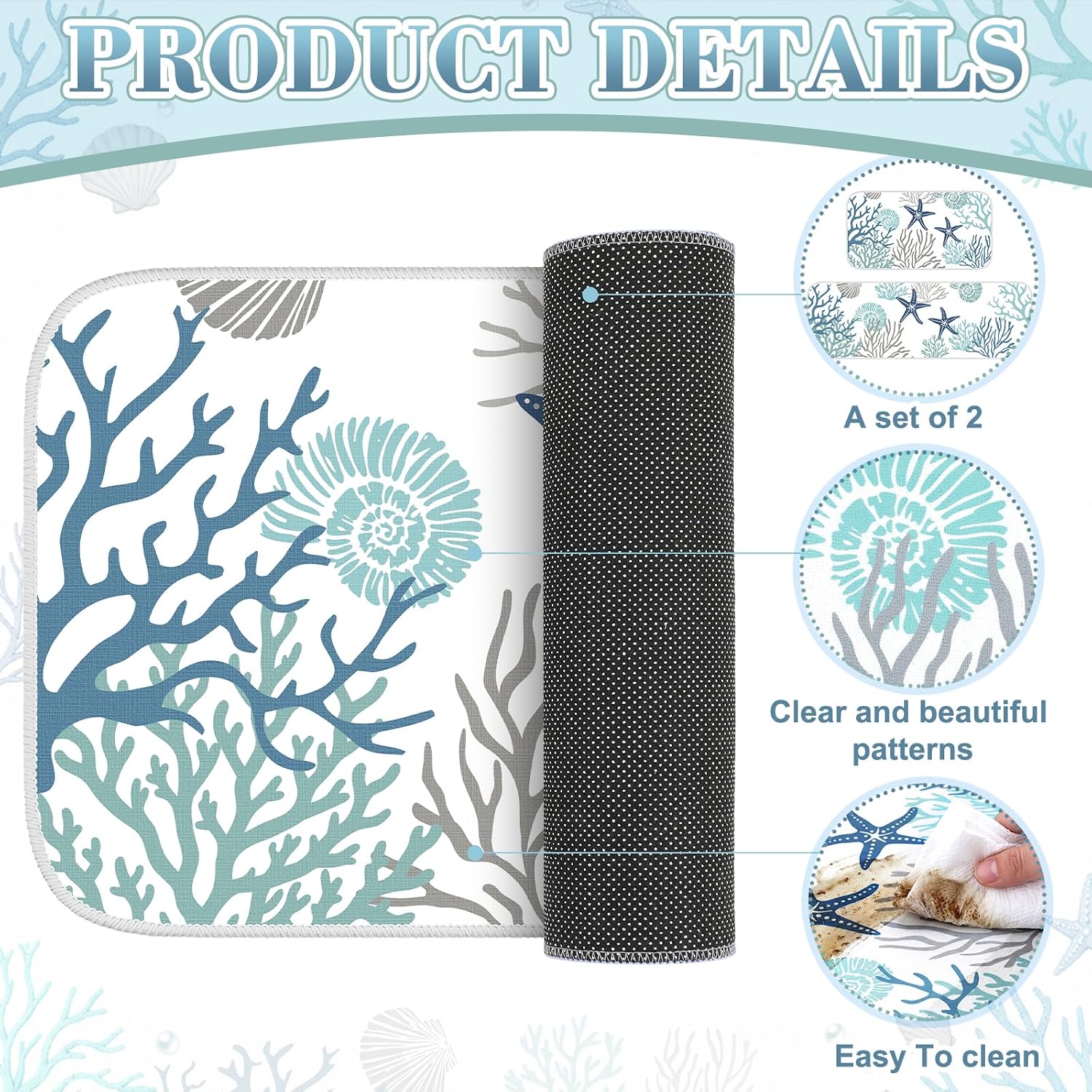 Dunzy 2 Pack Coastal Kitchen Rugs Summer Ocean Themed Kitchen Mats with Sea Shell Starfish Coral for Floor, Farmhouse Sink, Laundry, Entryway, Desk, Home 17"x 47"+17"x 29"