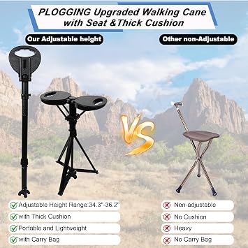 Walking Cane with Seat Folding Lightweight, Portable Cane Seat with Carry Bag, Walking Stick with Seat for Seniors & Adults, Foldable Adjustable Cane Chair for Travel Hiking