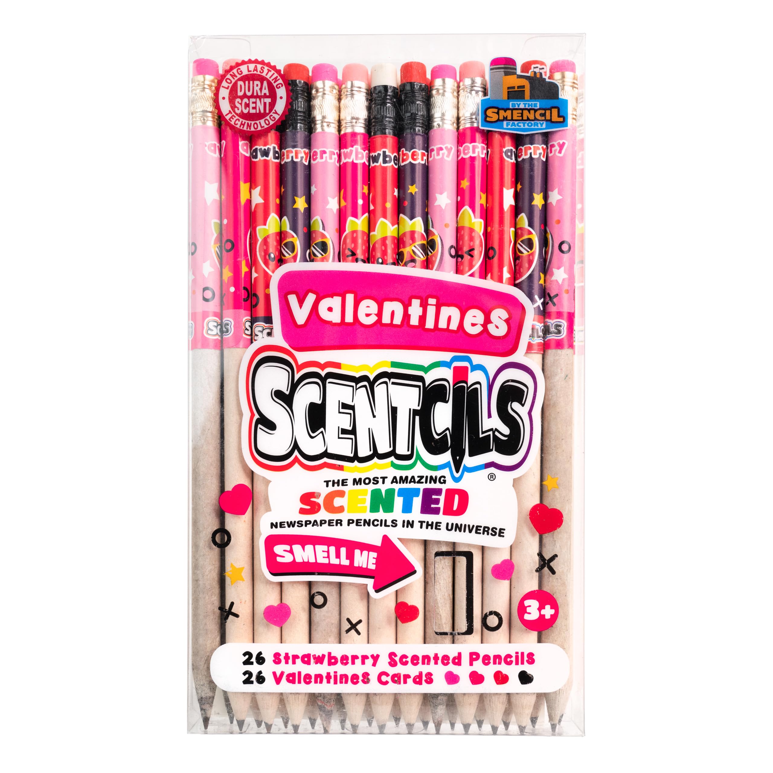 Valentines Scentcils – Patented Strawberry Scented HB #2 Pencils, 26 Ct, Made from Recycled Newspapers, with Valentines Cards – Gifts for Kids &