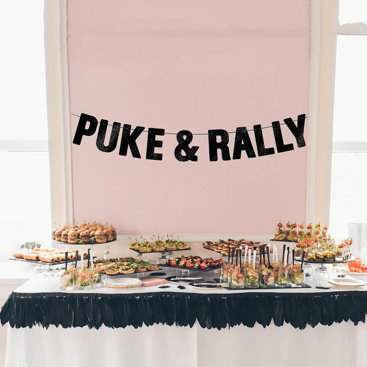Pre-strung Puke & Rally Black Glitter Banner, Funny Bachelorette and Bachelor Decorations for Women & Men, Happy 21st, 25th, 30th Birthday Party Decor, Halloween, New Year's Eve Party