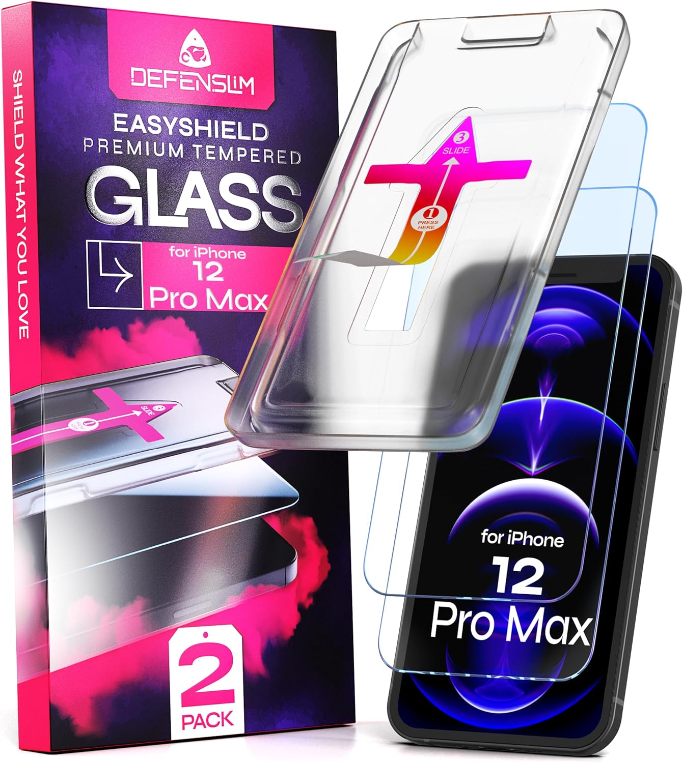 Defenslim Screen Protector for iPhone 12 Pro Max (2Pack), Easy Auto-Align Install Kit, 6.7" Tempered Glass, 9H Hardness, Ultra HD Clear, Case Friendly, EasyShield