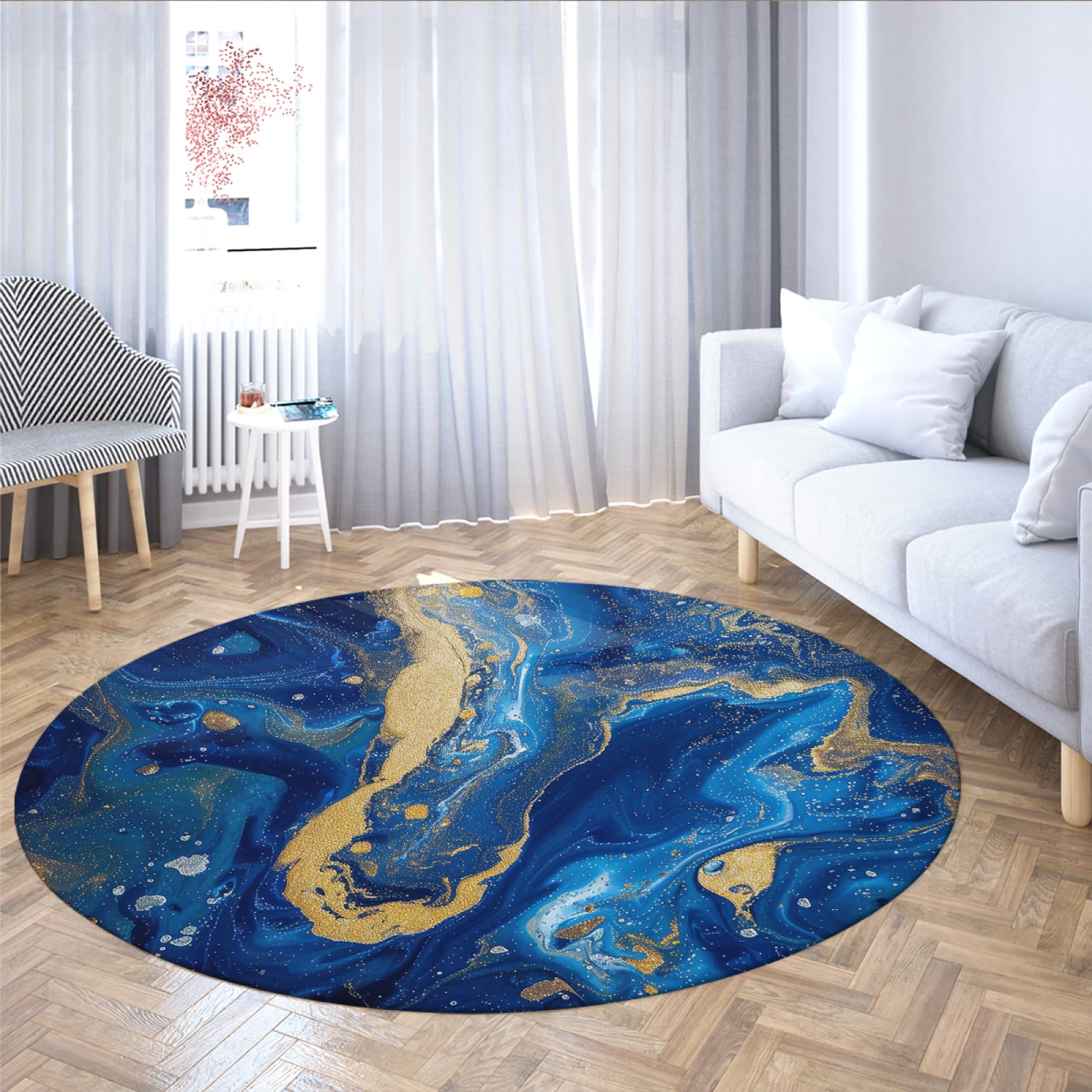 Tapis rond en marbre bleu azur au design abstrait et finitions soignées