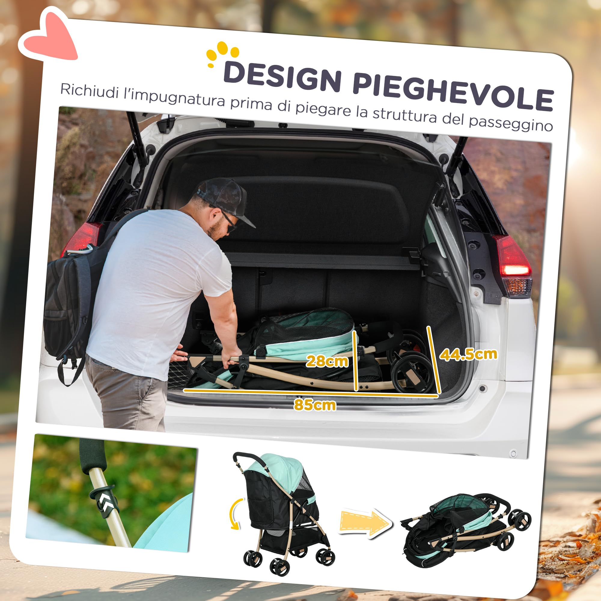 PawHut Passeggino per Cani Piccoli e Mini, Passeggino per Animali Pieghevole con Copertura Antipioggia, Cestino e Guinzaglio Integrato, Verde