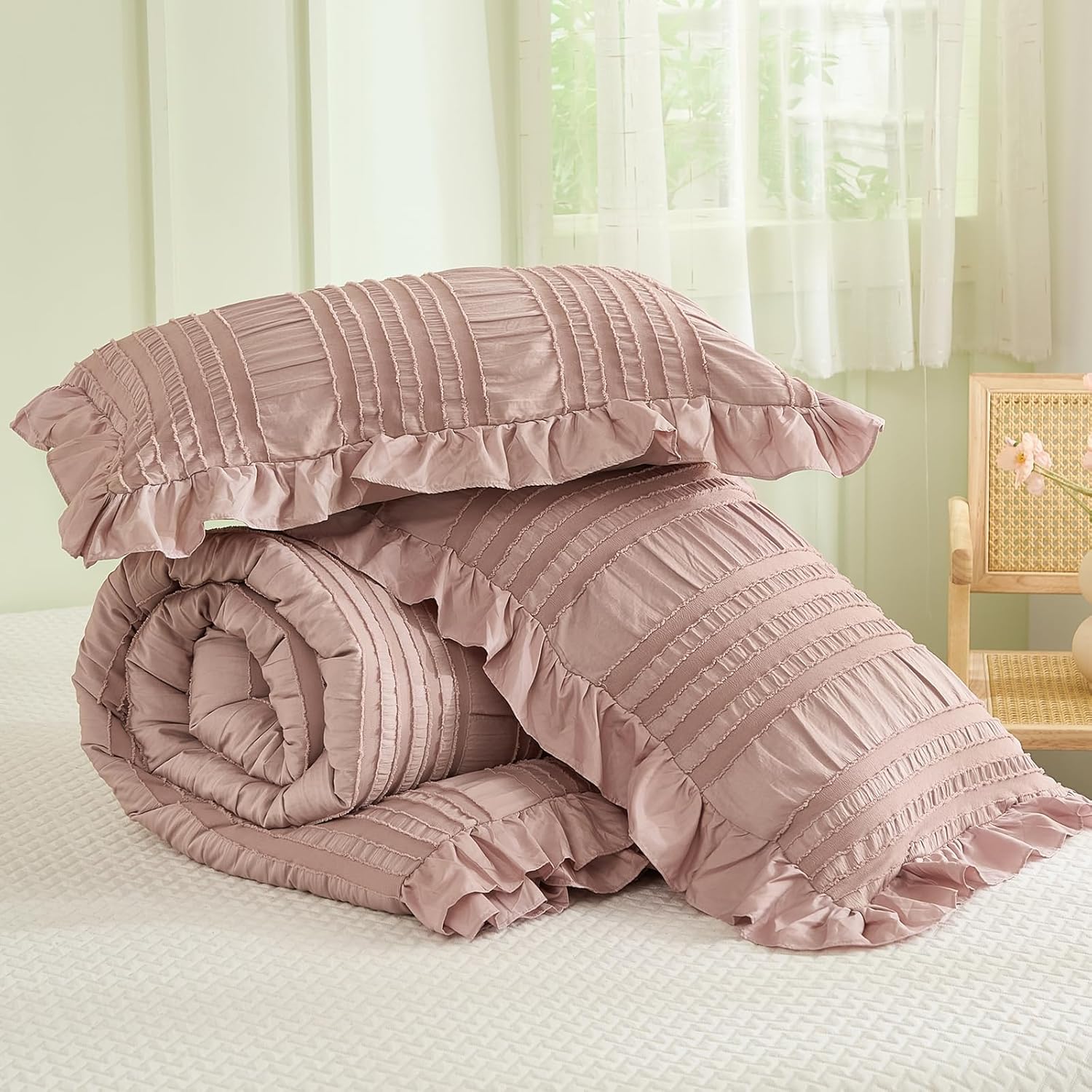 WONGS BEDDING Comforter Full Size, Pink Ruffle Comforter for Full Bed for Dorm Room Essentials, Soft Seersucker Textured Bedding Set Full Size Comforter Sets for Girls 90"×78" - Image 7
