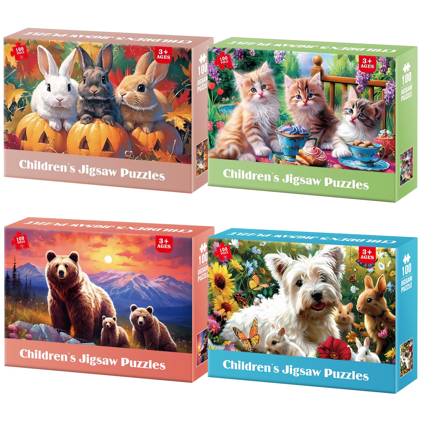 Jeacirio 4 Packs 100 Piece Puzzles for Kids Ages 4-6 - Lovely Animals Large Piece Jigsaw Puzzles for Seniors Educational Toys Gifts Kids Puzzle for 4