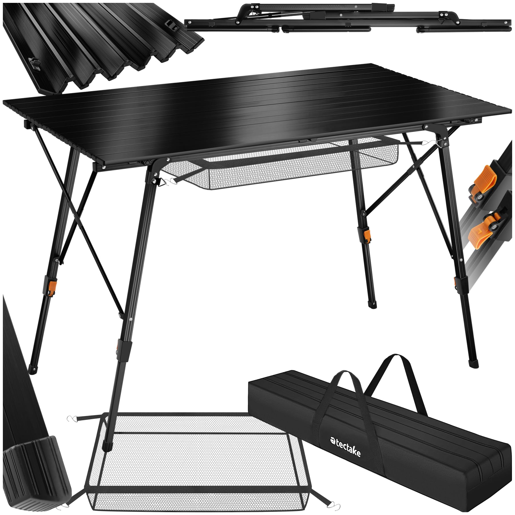 tectake® Tavolo da Campeggio in Alluminio Pieghevole Bastian, Regolabile in Altezza, Tavolo, Alluminio, Tavolo Richiudibile, Rete Portaoggetti, Tavolo Pieghevole Campeggio - Nero