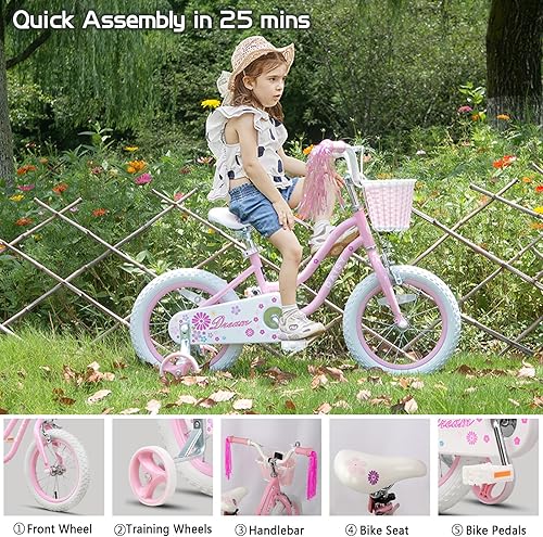 Miniatura 6 de Daisy - Bicicleta estilo princesa de 12, 14, 16 pulgadas, para niñas de 2 a 7 años, con ruedas de entrenamiento, cesta y serpentinas, varios colores