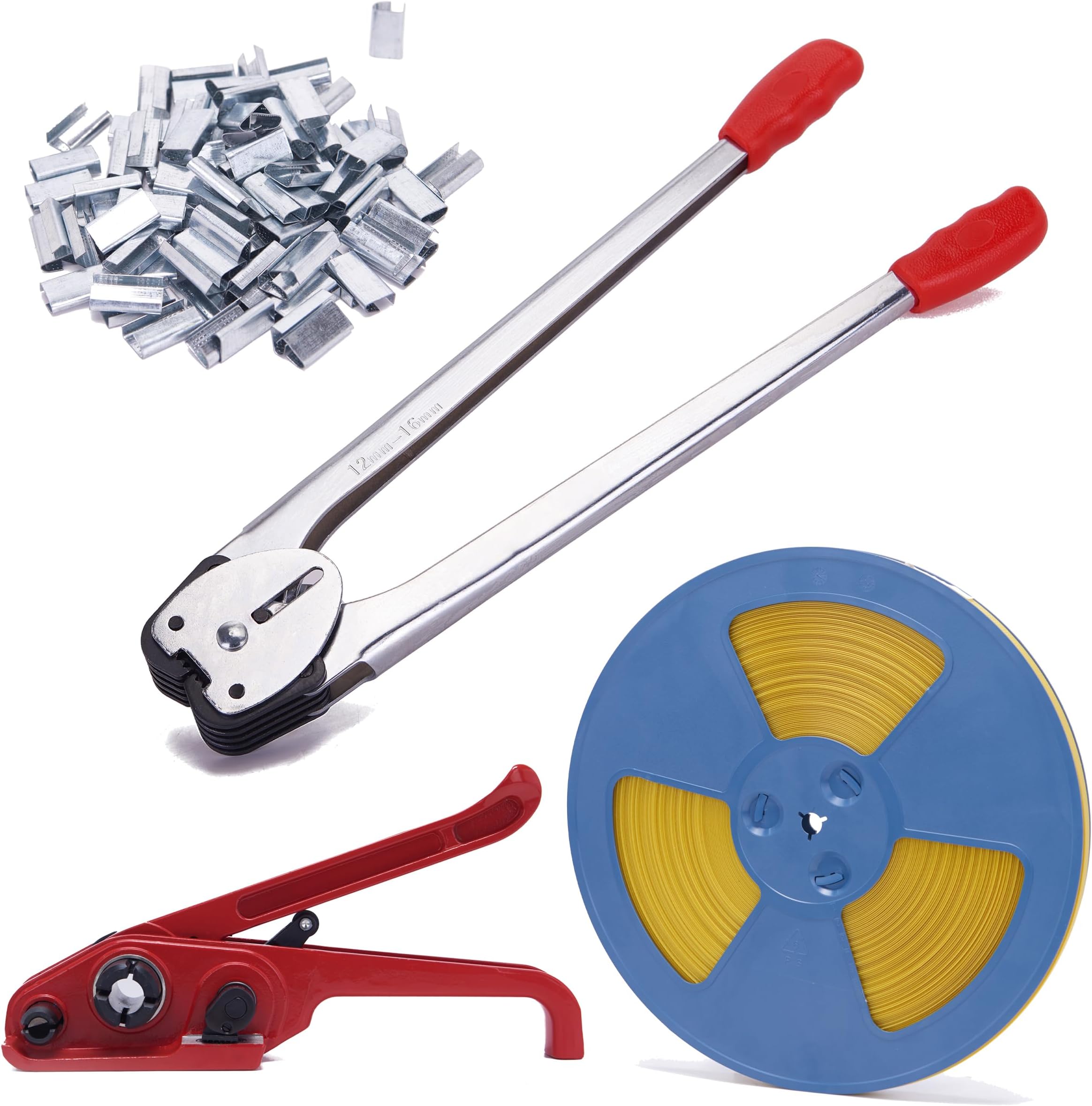 Banding Strapping Kit - Pallet Packaging Strapping Tool with Sealer Tools, 328' Length x 1/2" Wide, 100 Metal Seals Included - Durable Poly Strapping Kit a