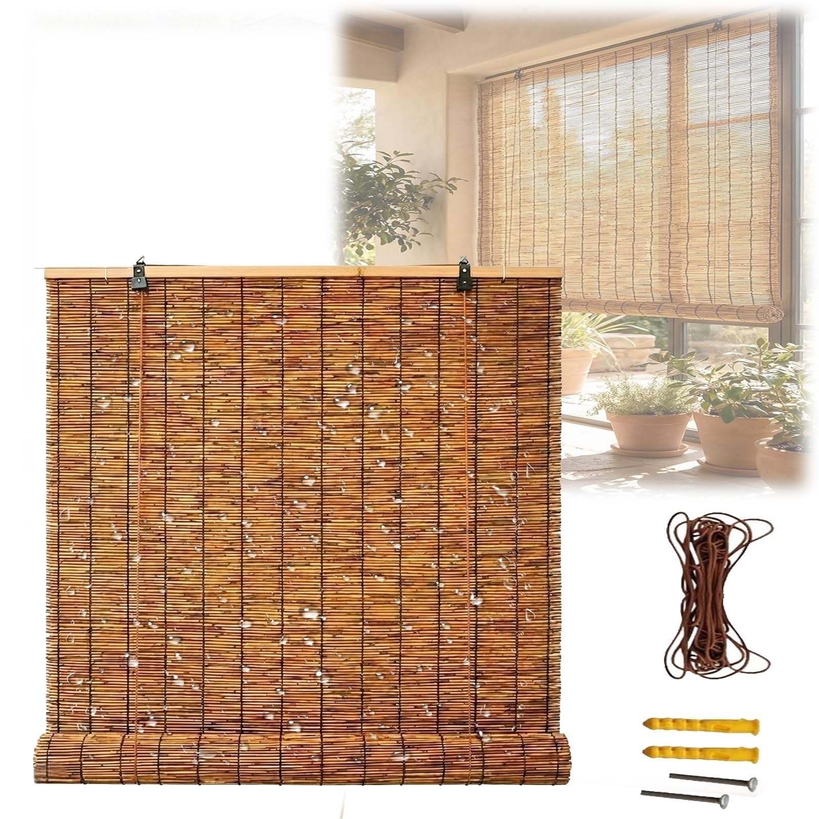 CMJYMX Customized Size Outdoor Roller Shades 20" 27" 35" 43" 47" 51" 55" 59" Wide Retro Bamboo Roller Blinds Suitable For Privacy Protection, Sun Shade, Ventilation(110x180CM/43x71IN(WxH))