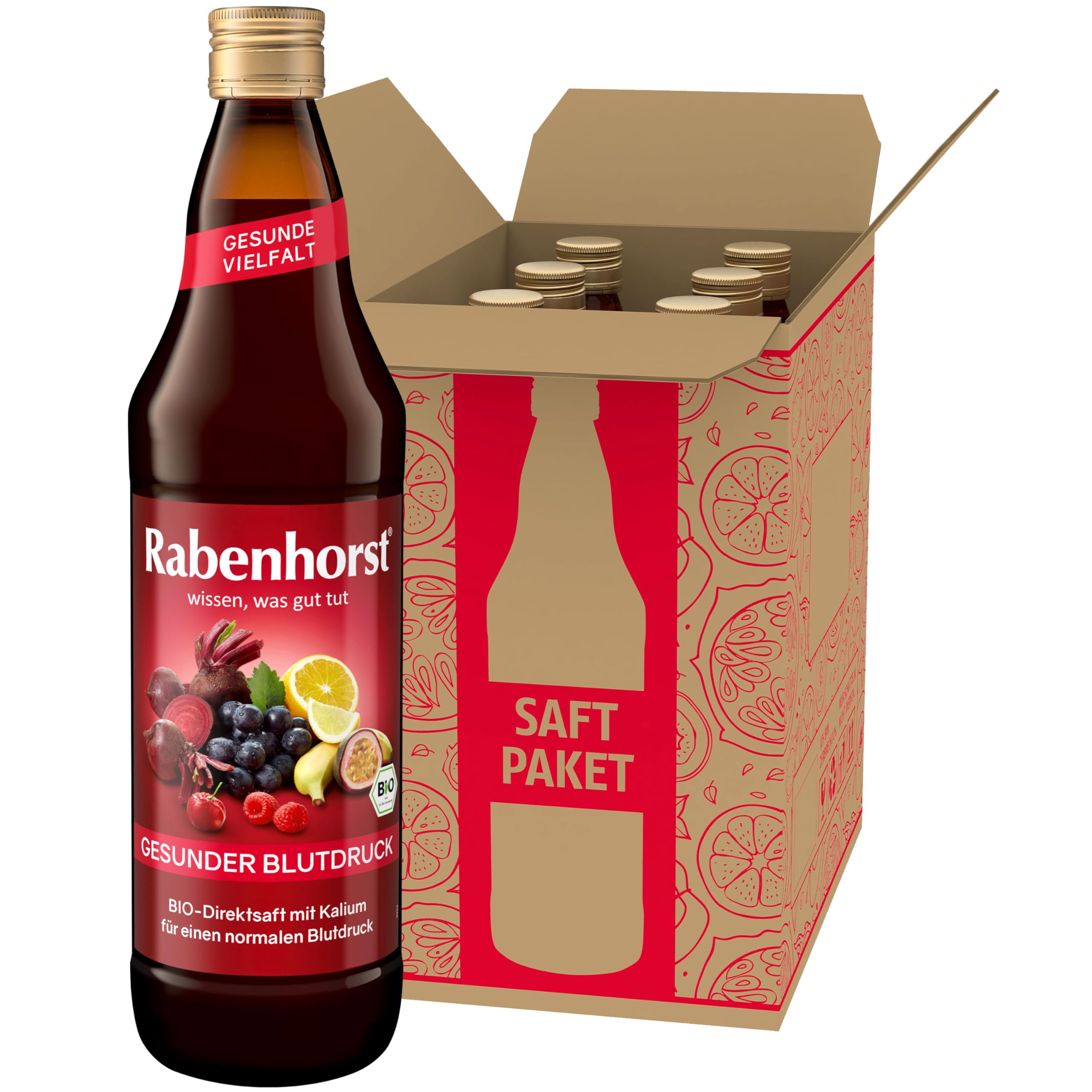 RABENHORST Gesunder Blutdruck BIO 6er Pack (6 x 700 ml) - Rote Bete-Mehrfruchtsaft mit Kalium für einen normalen Blutdruck