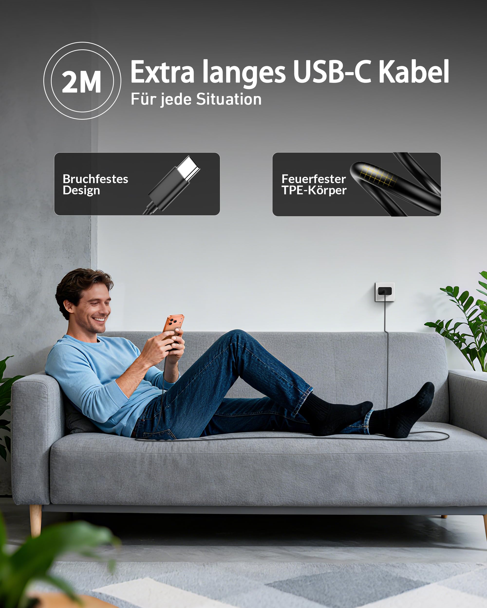 GAN 65W USB-C Oplader – Snel Laden Voor MacBook, Huawei, Lenovo, HP, Dell, IPad En Meer, Met 2 Meter Kabel