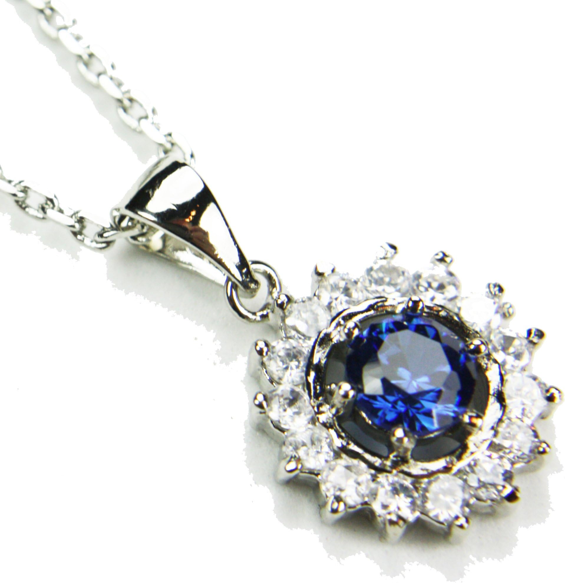 CZ-Saturn Necklace, Sapphire-Colored & Diamond-Colored CZs, 18"