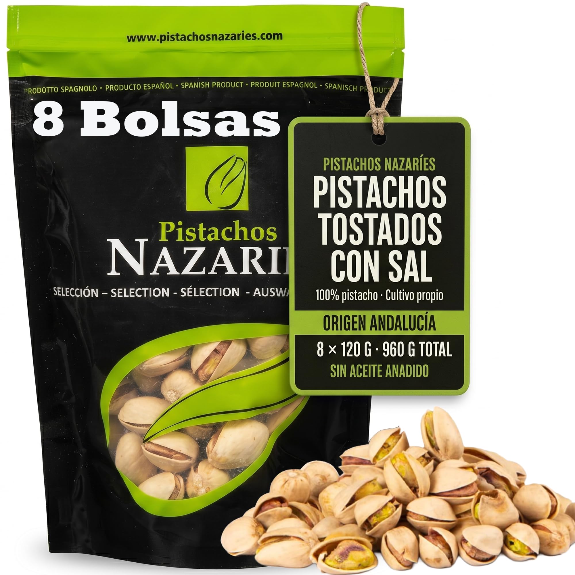 PISTACHOS NAZARIES Tostados con Sal Pack Familiar 8x120g Cultivados en España Sin Aceites Añadidos Cosecha Andaluza Snack Aperitivo Frutos Secos Españoles Origen Granada Malaga 8 Bolsas 960g Picoteo