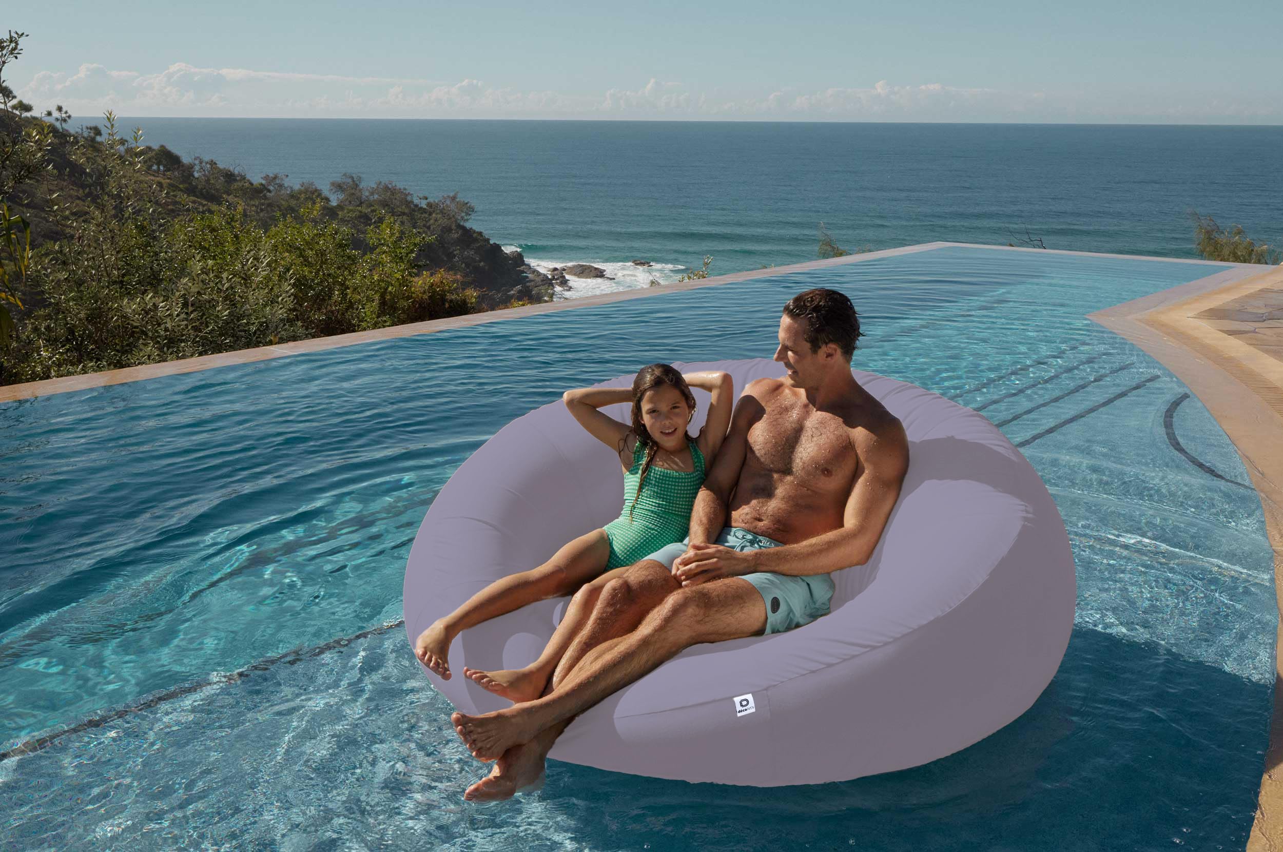 Pouf Flottant Polyvalent avec Pompe Electrique et Coussin - Tissu Olefin Résistant - 140x120x60 cm - Gris Galet