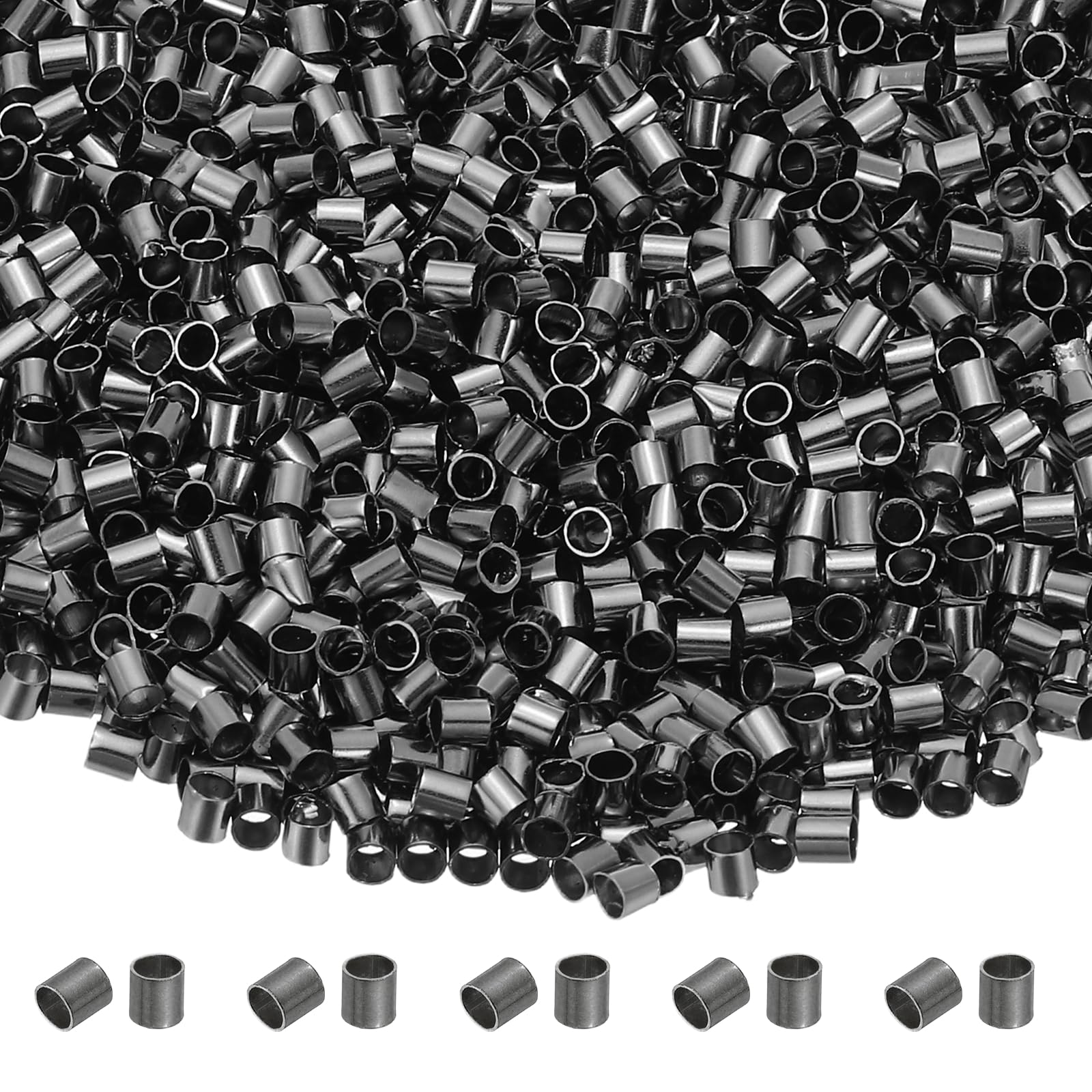 sourcing map 2000 Pcs Tube Crimp Beads, 2x2mm Copper Crimp Beads End Stopper Bead Tiny Loose Spacer Bead for Earrings Necklaces Bracelets Pendant DIY Crafts, Black