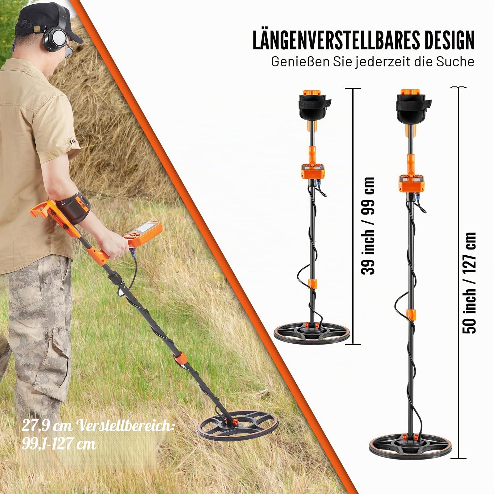 VEVOR Metalldetektor Profi, Metal Detector mit 30 cm Suchspule, 7 Mode, IP68 Tauchtiefe bis zu 3 m Goldsucher mit Verstellbarem Griff Golddetektor inkl. Bluetooth-Headset Präzisions-Ortungsgerät