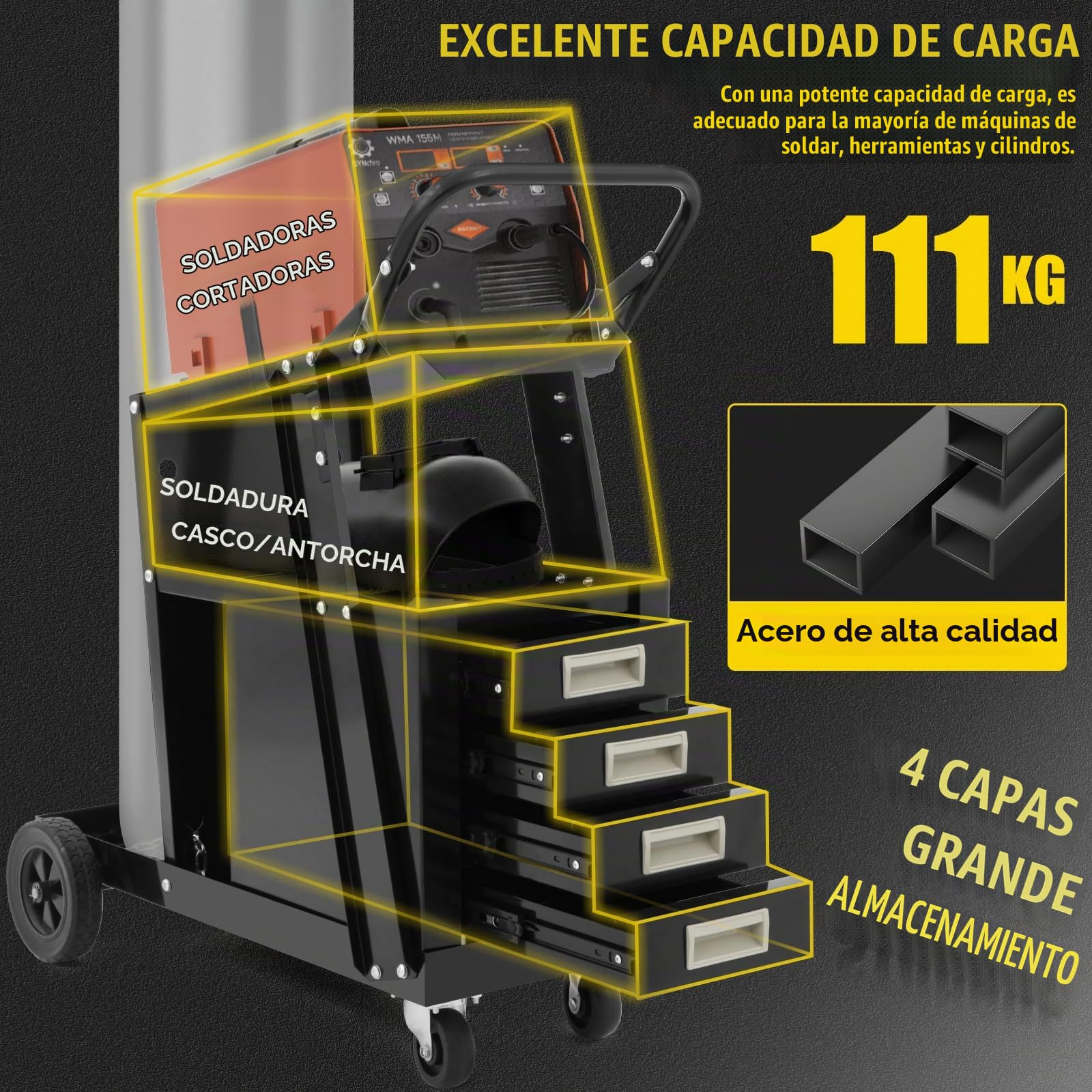 Carro de soldadura con 2 estantes con 4 cajones, máximo 111 kg, 2 soportes para botellas de gas con cadenas de seguridad, ruedas giratorias de 360°, ideal para soldadura MIG/MAG, Wig y electrodos