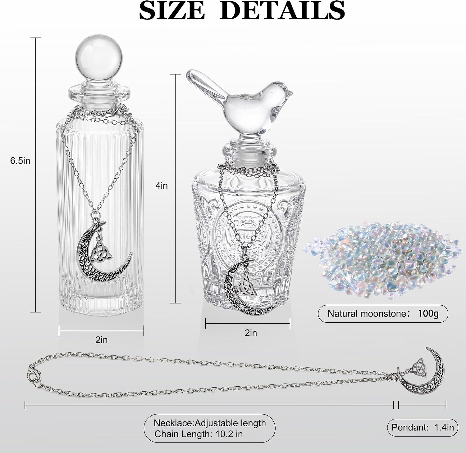 2Pcs Moon Water Glass Bottle with Celtic Crescent Charm, Moonstones