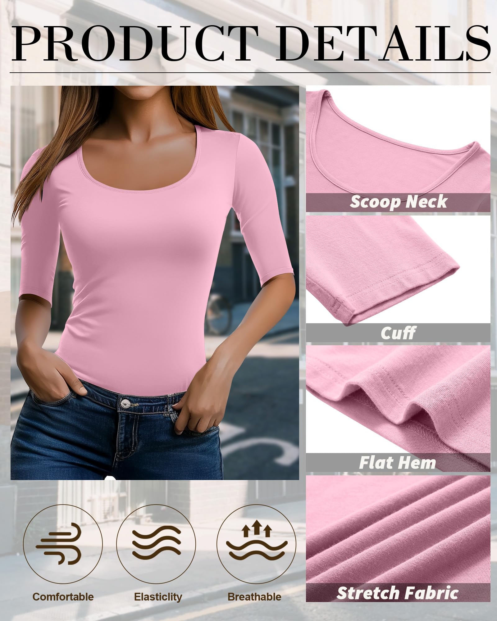 Neer Set da 3 Magliette Donna Scollo Ampio Maniche Mezze Aderenti Elastiche Cotone Misto Casual Basic