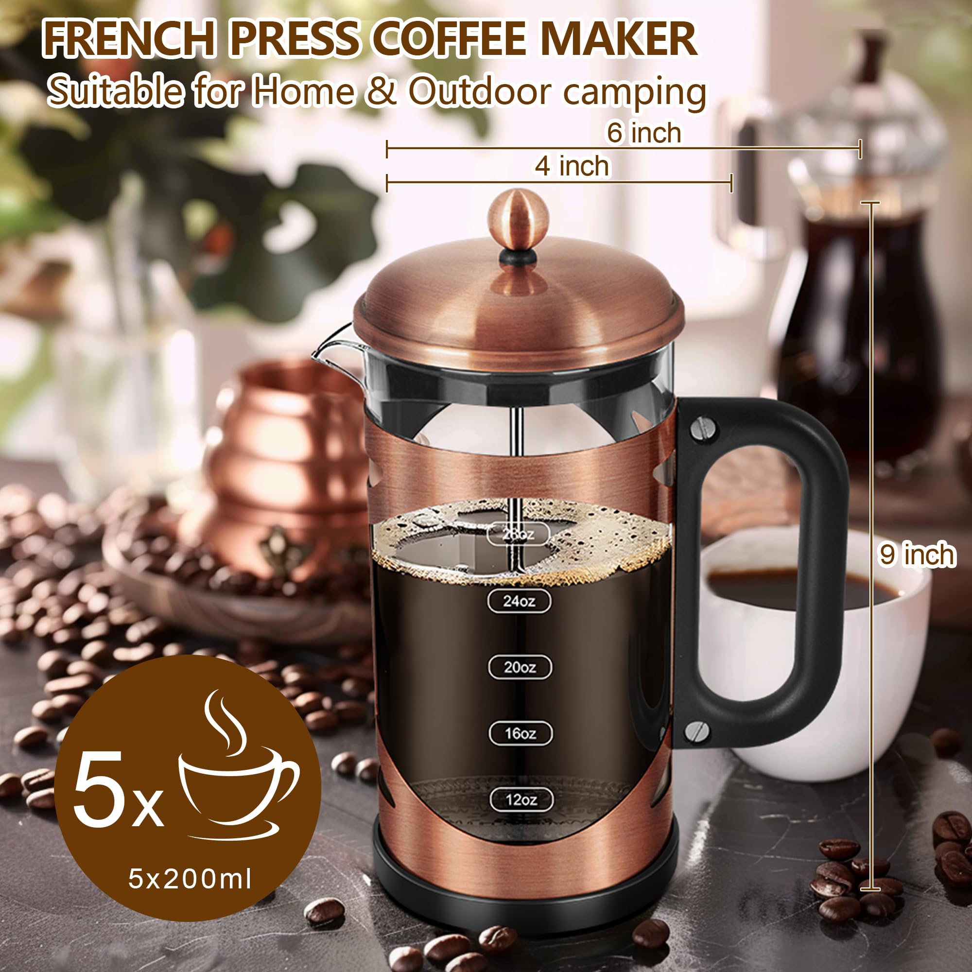 YMMIND Cafetera de prensa francesa de 34 onzas, prensa de café de acero inoxidable de cobre, con sistema de filtro de 4 niveles, vidrio de borosilicato de grosor resistente al calor, cafetera