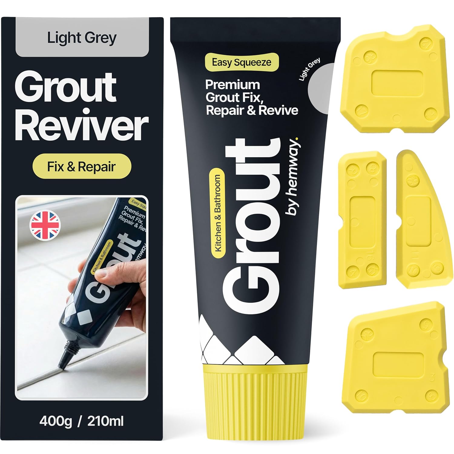 Hemway Light Grey Grout Reviver Kit | Ready Mixed Grout Repair 400g / 210ml with 4 Piece Profiling Tool Kit | Wall & Floor Tile Adhesive, Kitchen Bathroom Shower, Fast Drying