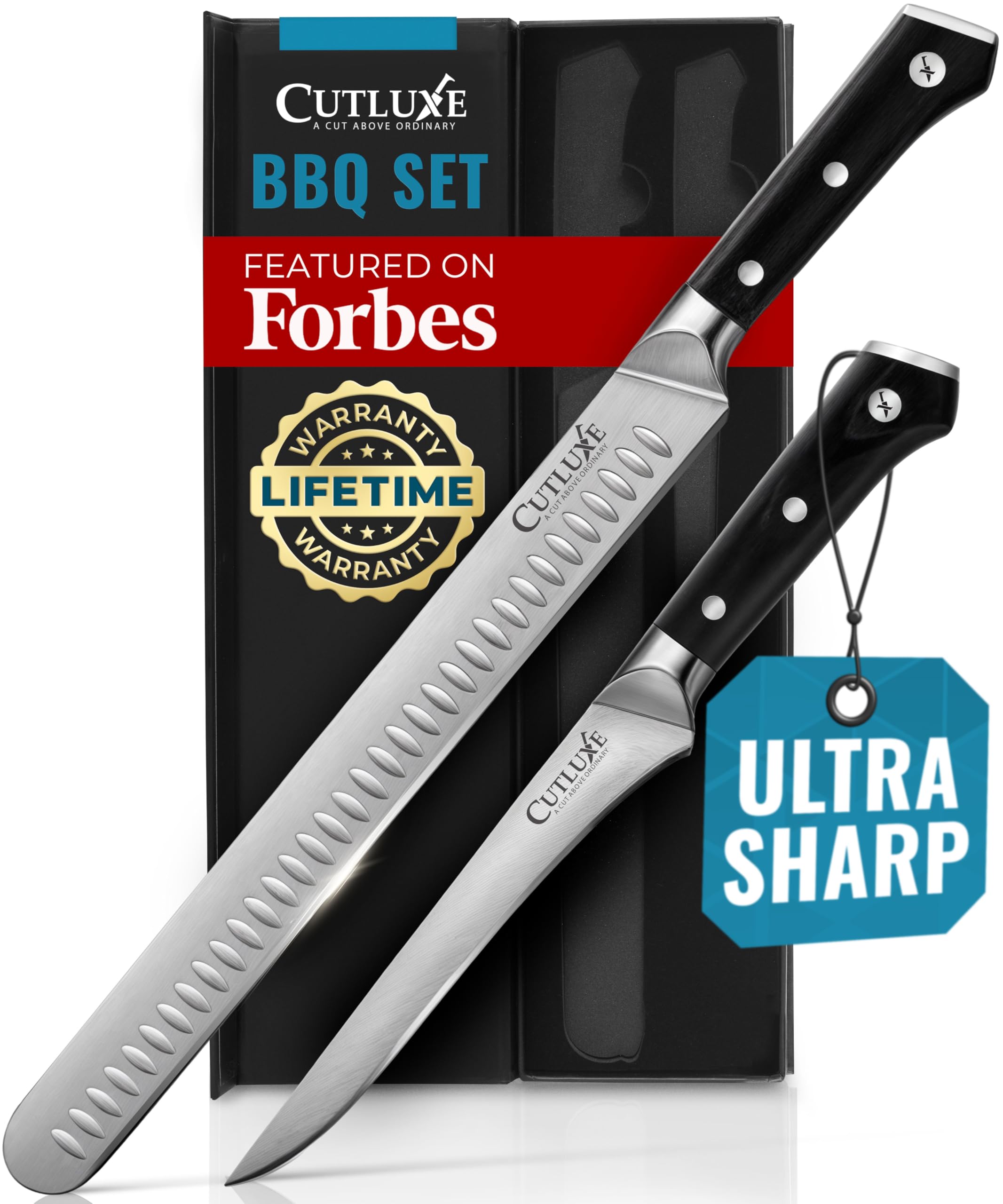 Cutluxe BBQ Zestaw Do Krojenia - Nóż Do Plastrowania Brisket i Trybowania Mięsa - Profesjonalny Nóż Z Niemieckiej Stali, Pełny Trzpień, Ergonomiczne Uchwyty - Seria Artisan