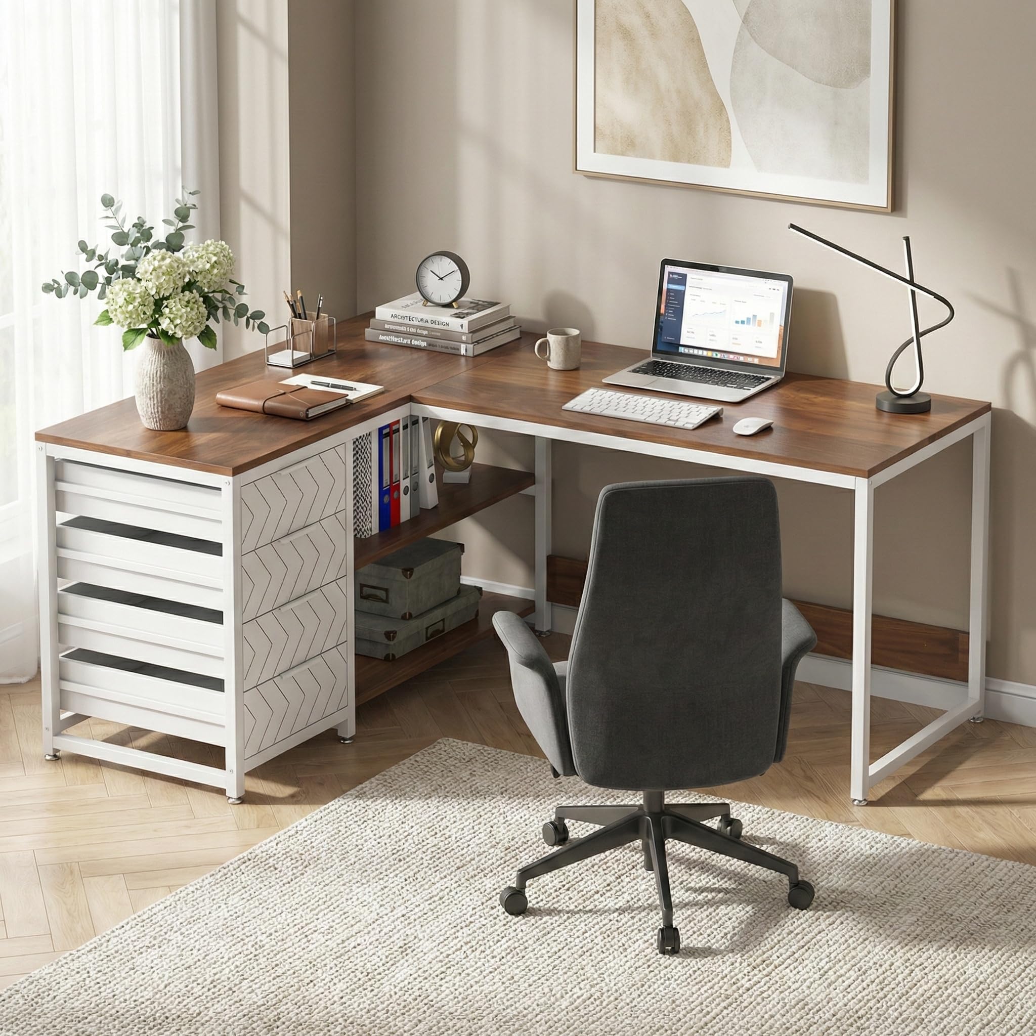 Lailang 150cm Scrivania, Tavolo Angolare, Mobili Ufficio Moderni, Scrivania In Legno, Scrittoio Vintage, 150 x 110 x 75 cm, Noce E Bianco