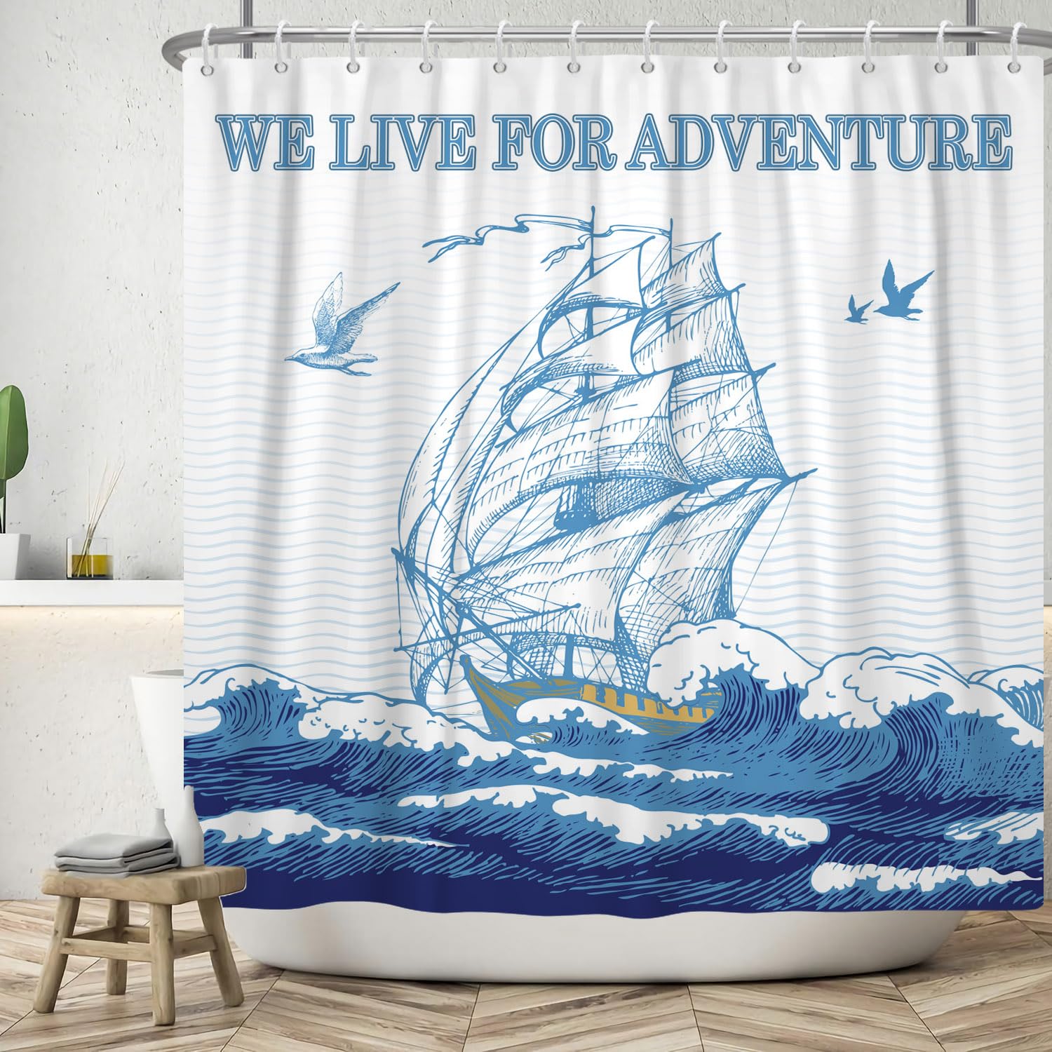 ASDCXZ Summer Shower Curtain 165x180 cm, Blue Ocean Expedition Sea Wave Sailboats Seagull Maritim Bath Washable Shower Curtains Polyester Textile Waterproof Shower Curtain for Bathtub with 12 Hooks — image 1