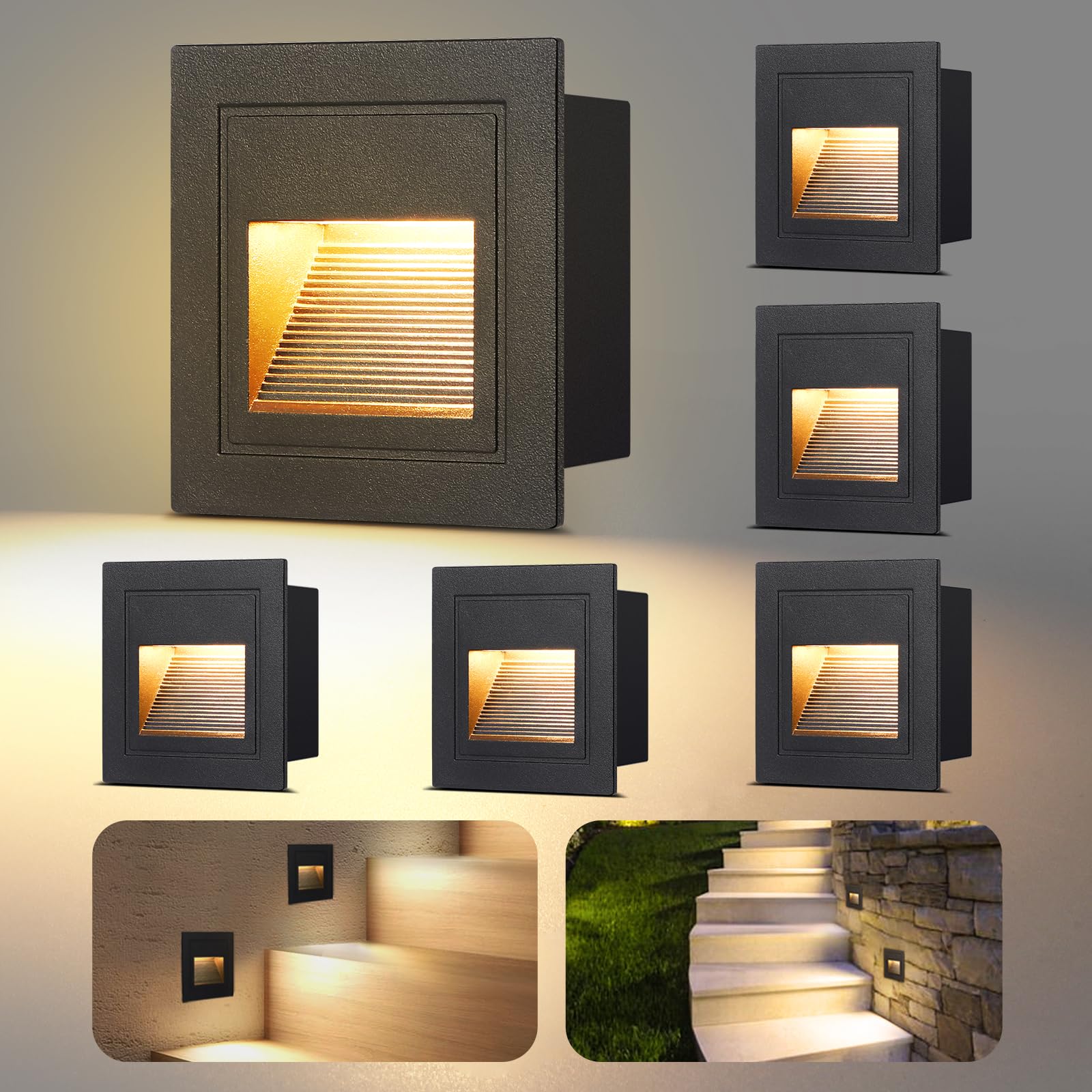 VivaLet 6 Stück LED Treppenbeleuchtung 3W 300LM, Wandbeleuchtung 230V 3000k, IP65 Treppenstufenbeleuchtung, Unterputzdose 68mm, 85 x 85mm，LED Wandeinbauleuchte Aluminium Schwarz