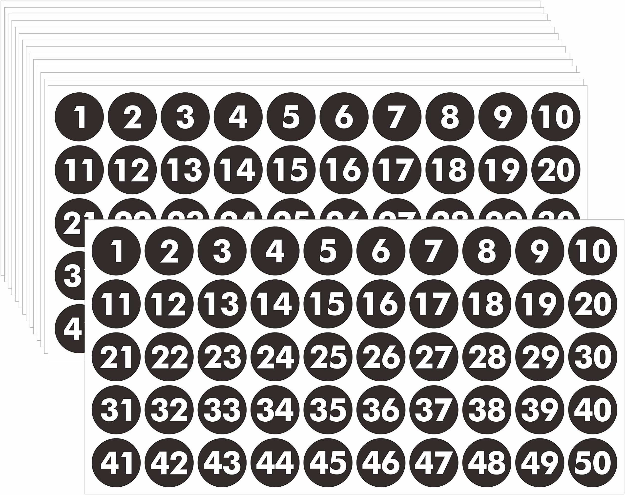 750 PCS Round Number Sticker, 15 Sheets Consecutive Black Vinyl Labels 1-50 Self-Adhesive Dot Stickers for Indoor, Outdoor, Office, Classroom, Storage, Organizing, Boxes (1 Inch Each)