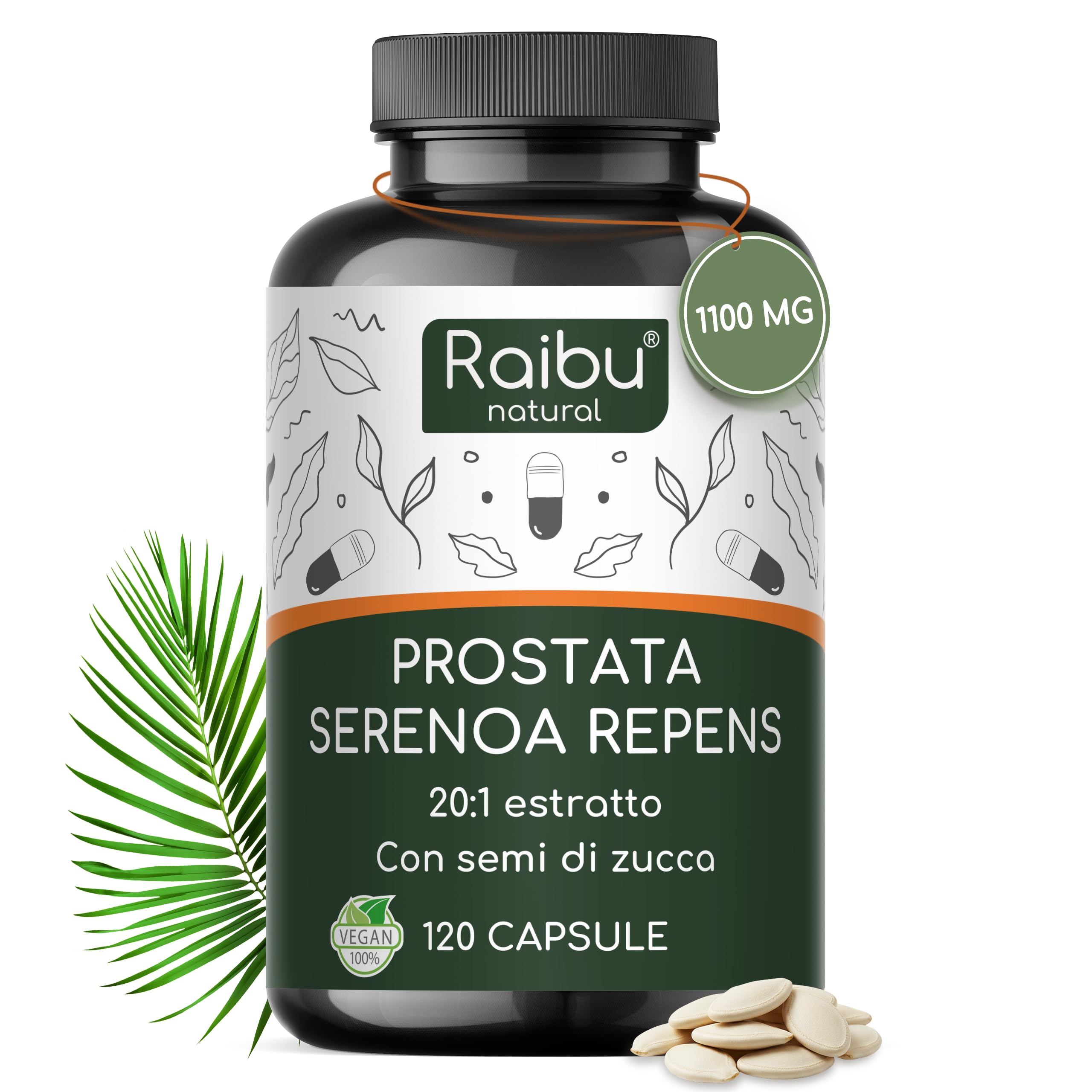 Serenoa Repens - 1100 mg Integratore per la Prostata Uomo, Estratto 20:1 di Saw Palmetto (Serenoa Repens) con Semi di Zucca - 120 Capsule Vegane, Senza Additivi - Raibu