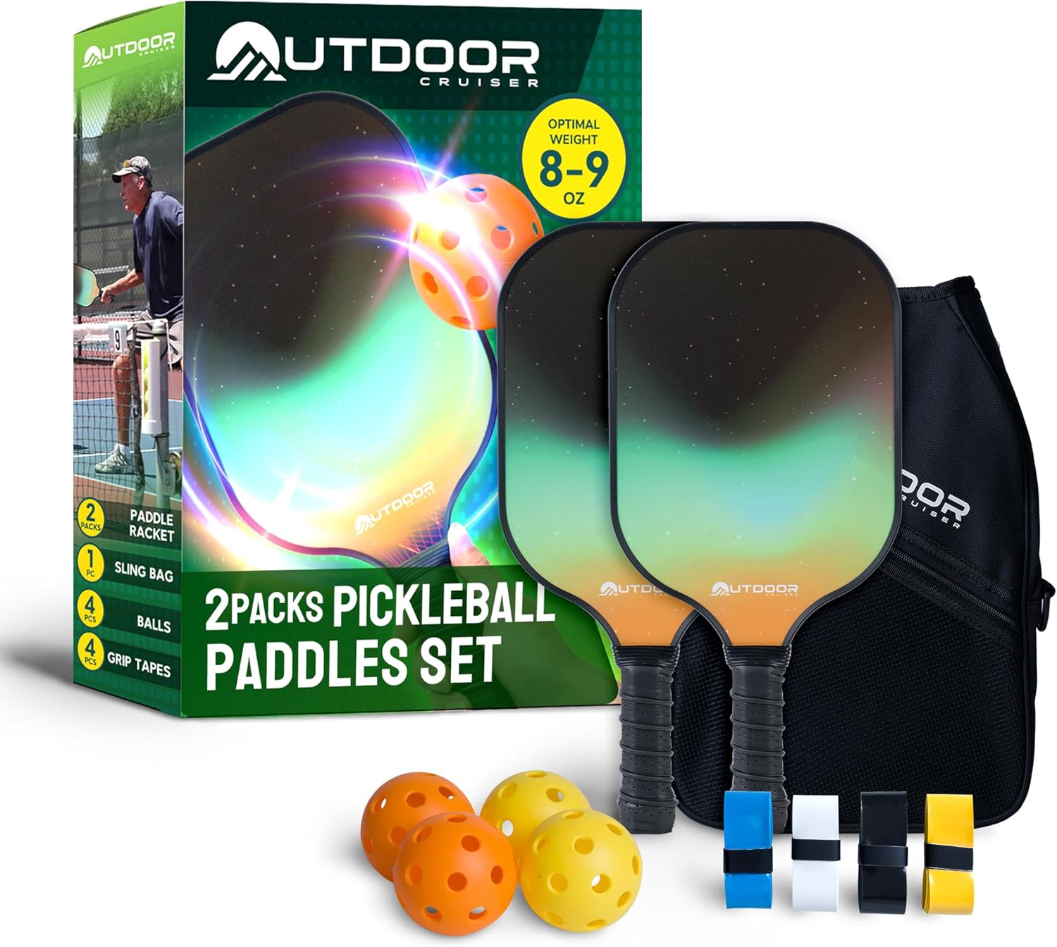 Outdoor Cruiser Pickleball Paddle Set – USAPA Approved, Premium Fiberglass Paddles with Lightweight Shock-Absorbing Grip, Includes 2 Rackets, 4 Balls, Grip Tapes, and Sling Carry Bag