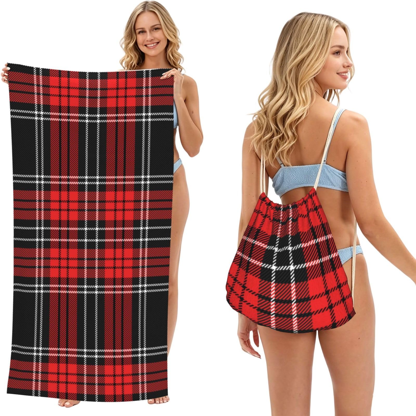 Poadnly Tartan Red Black, 2 in 1 Packable Towel Bag, Beach Towels with Drawstring Backpack for Travel Holiday Camping