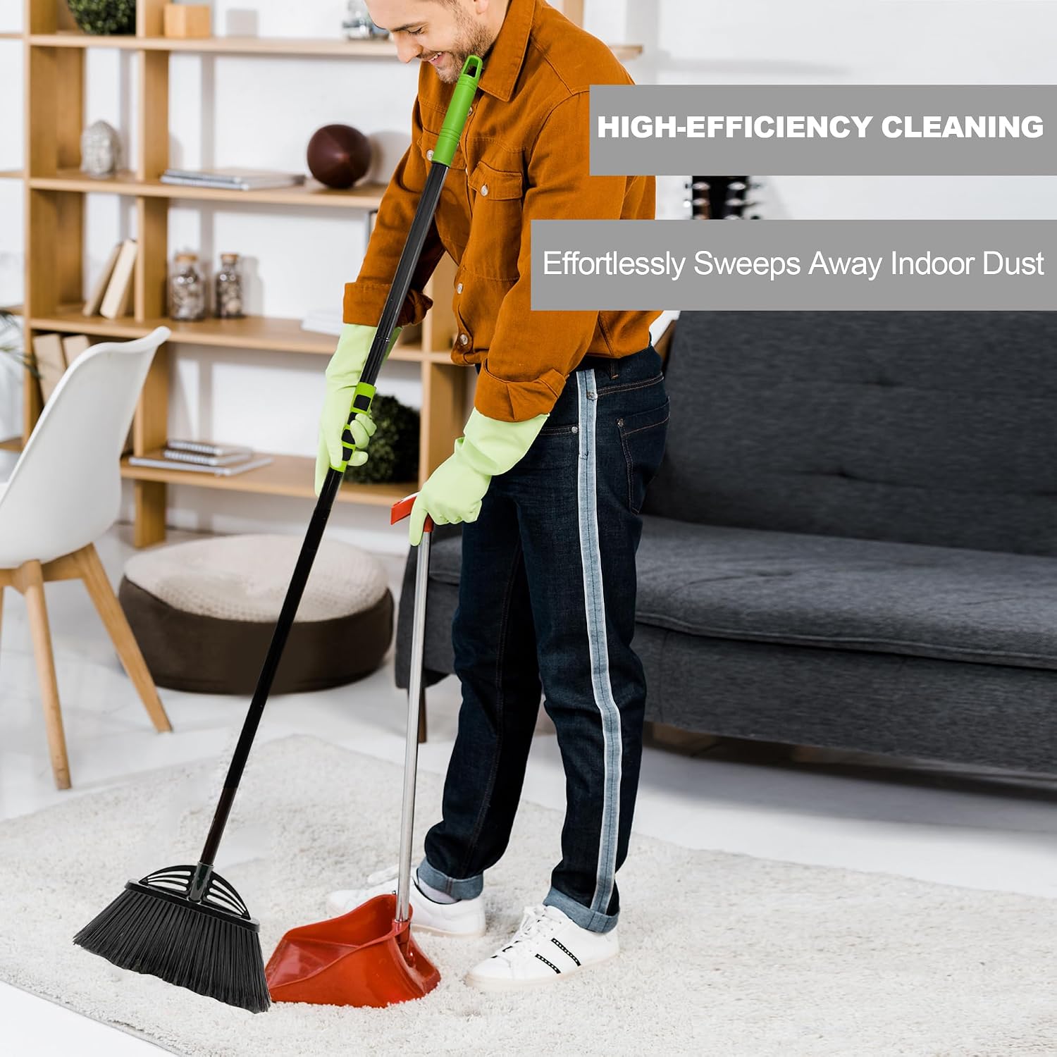 Four-Section Rod Long-Handled Broom,Heavy-Duty Broom, Angle Broom for Outdoor/Indoor（Black+Green4）